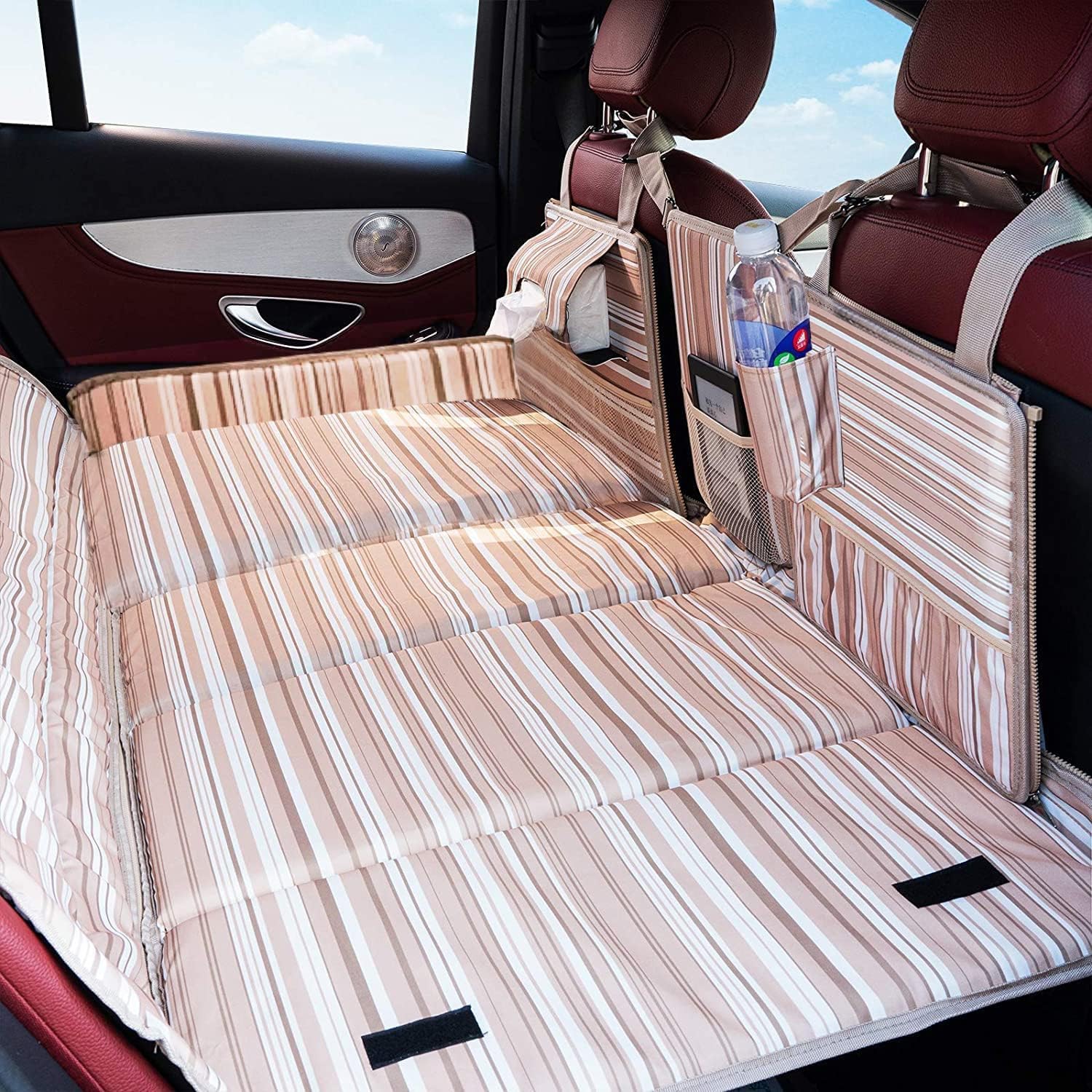 Allextreme CB-S02 Non-Inflatable Car Bed Portable & Foldable Design Polyester Fabric Back Seat Sleeping Mattress & Multi Storage Organizer for Baby Kids Travel Camping Picnic (Beige)-picture-2