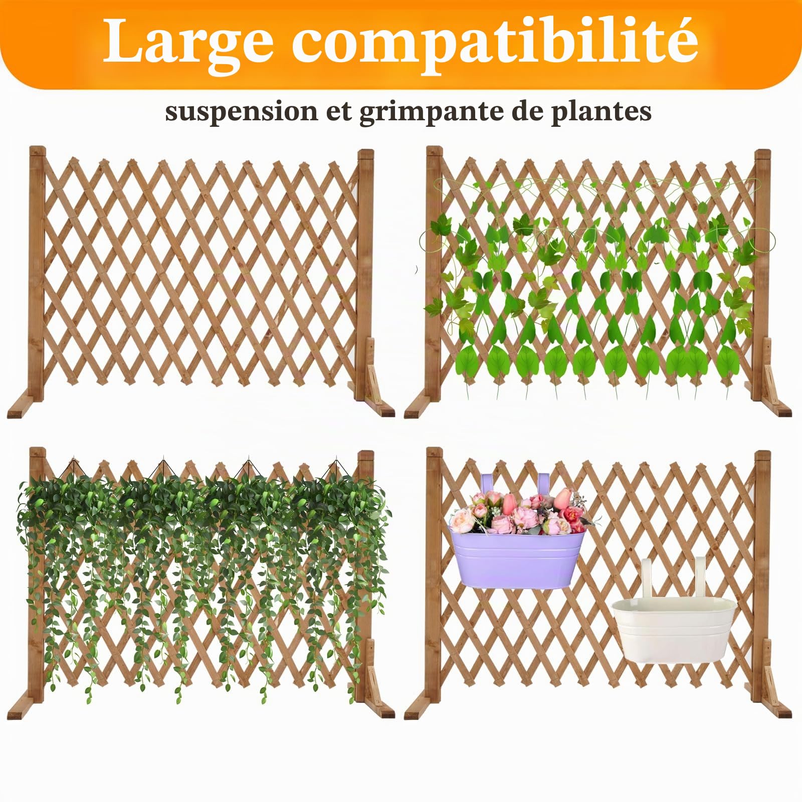 Nisorpa Lot de 2 panneaux de clôture extensibles en bois massif pour clôture de jardin, rétractable, autoportante, pour animaux domestiques, 34 à 160 cm