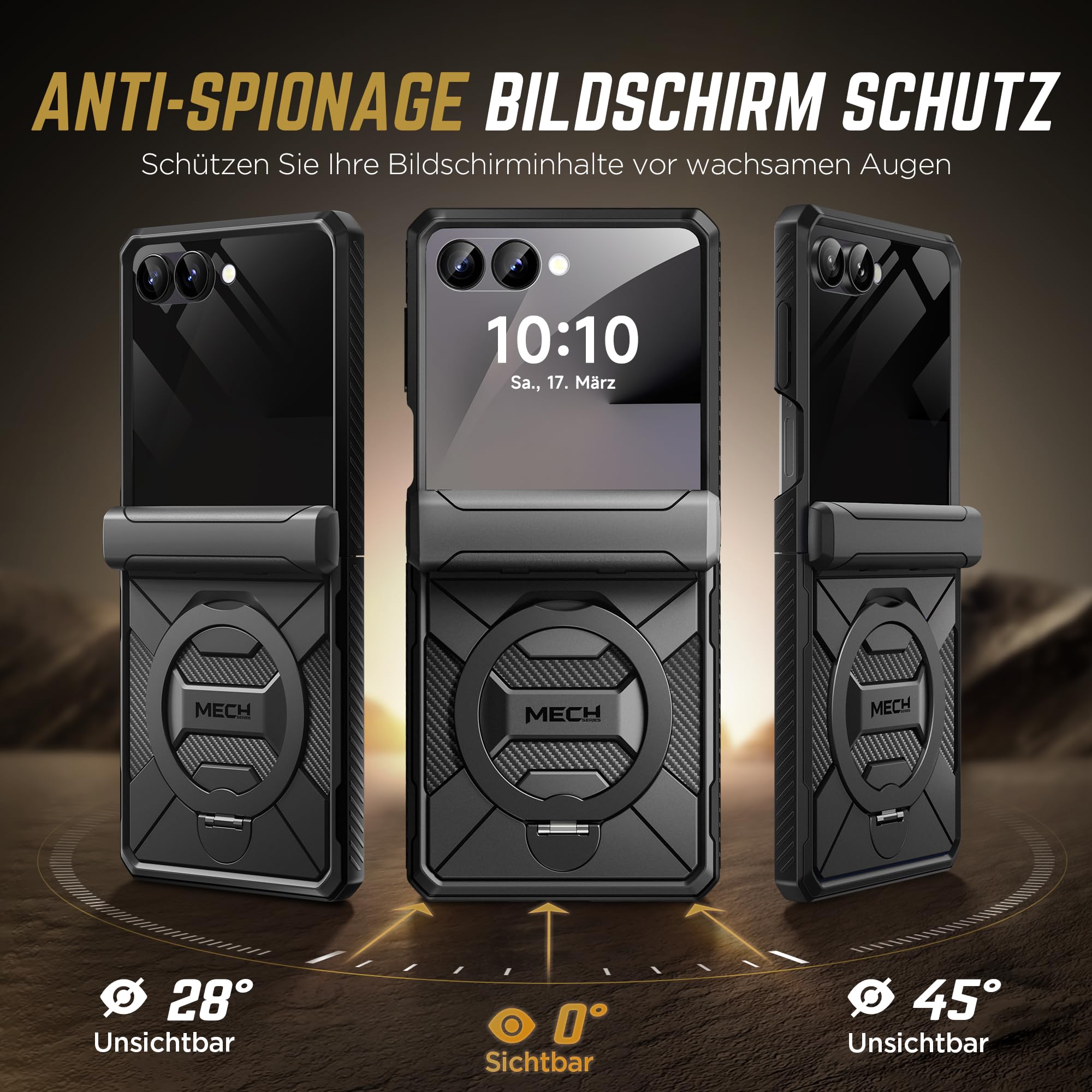 Tongate 360°Drehbarer Magnetständer für Z Flip 7 Hülle mit Privatsphäre Bildschirmschutz, [Kompatibel mit MagSafe] [Anti-Rutsch] [Scharnier Schutz] Ganzkörper Stoßfest Samsung Z Flip 7 Hülle, Schwarz | Kompatibel mit Magsafe, Anti-Spionage-Schutzhülle für