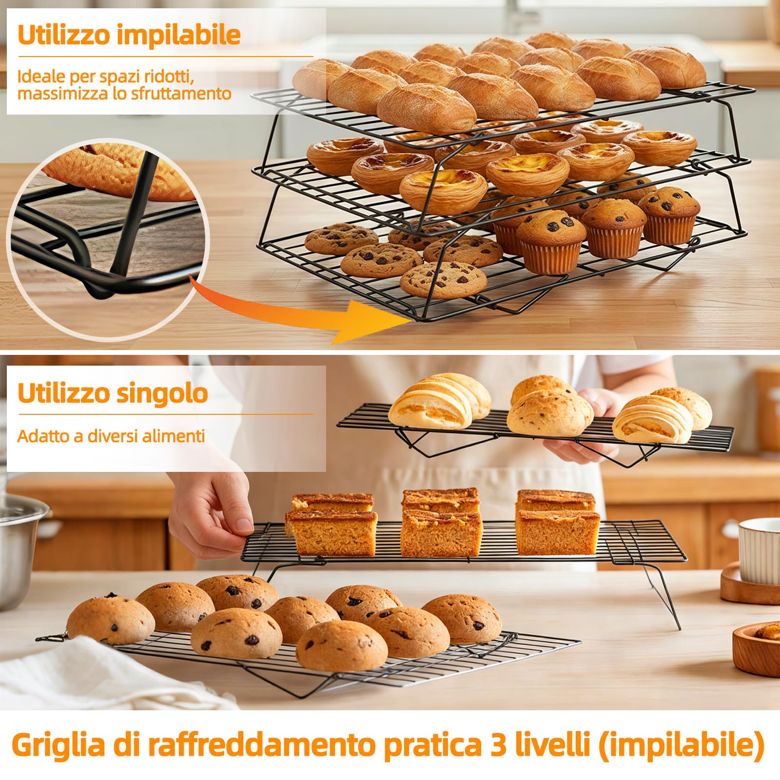 Griglia di Raffreddamento 3 Strati in Acciaio al Carbonio - Pieghevole e Impilabile, Antiaderente Salvaspazio, 40x25x7.5 cm, Nero - Adatto per Asciugare, Raffreddare la Torte, Biscotti e Pasticcini
