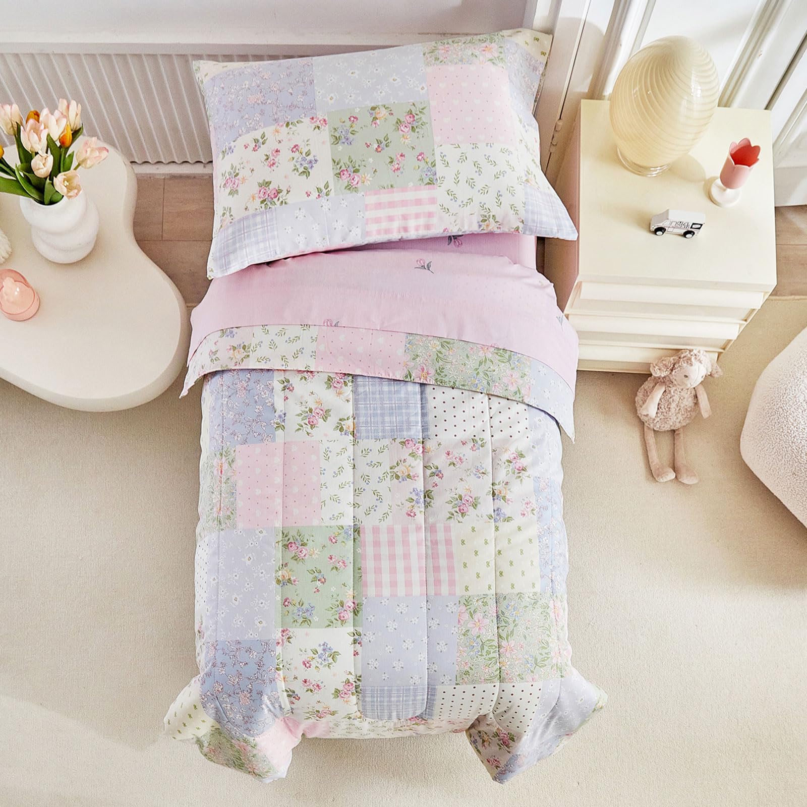 Joyreap 4 Piece Cotton Toddler Bedding Set- Colorful Flowers Grids Patchwork Design, Toddler Comforter Set for Girls, Includes Quilted Comforter, Fitted Sheet, Top Sheet, and Pillow Case