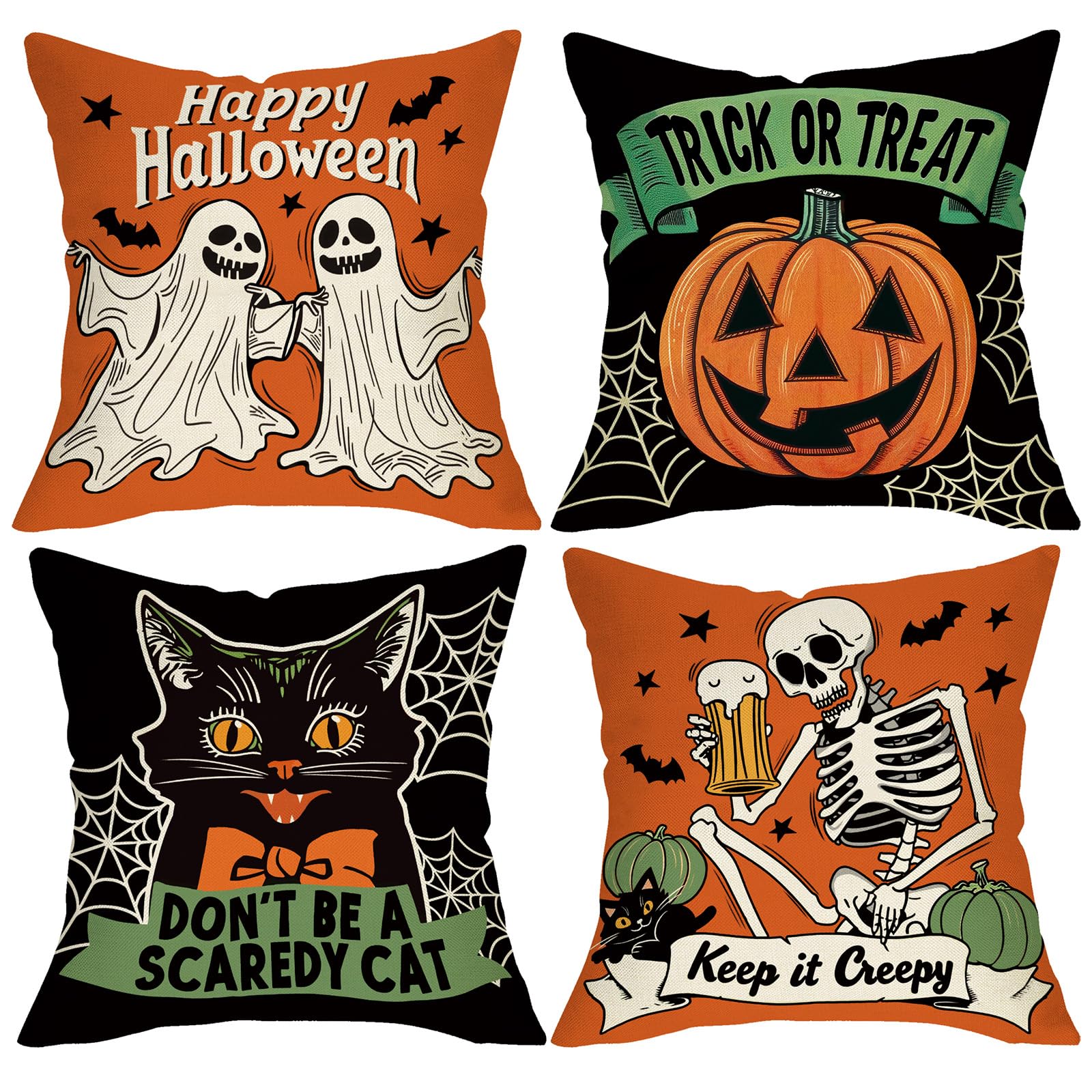 Fjfz Happy Halloween Spooky Ghost Decorative Throw Pillow Covers 18 x 18 Set of 4, Trick or Treat Jack O Lantern Pumpkin Outdoor Home Decor, Vintage