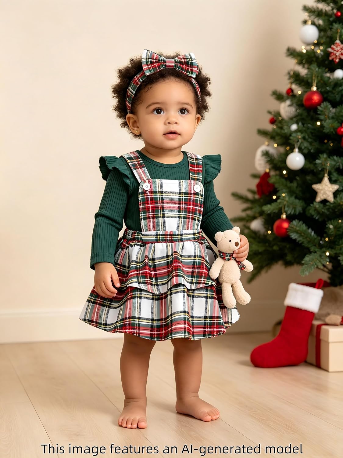 COSLAND Baby Girl Christmas Outfit Plaid Skirt Dress 3 Pcs Set, 0-24 Months | baby girl christmas plaid outfit, dress, Soft Fabric, Snap Closure, Adjustable Strap, 3-Piece Christmas Outfit, Ideal Gift