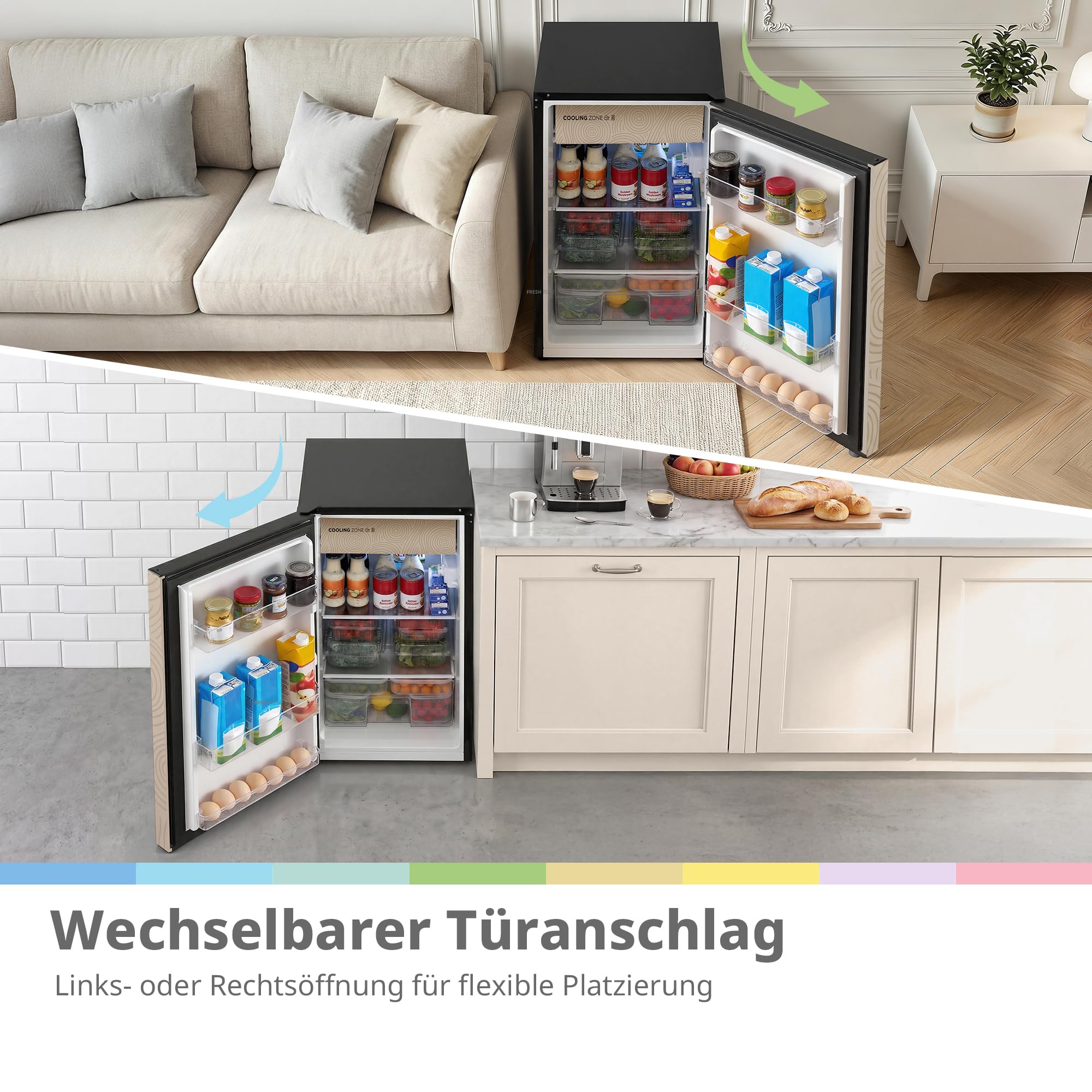 Comfee 88L Kühlschrank mit Chill Box-Fach,42db,Abnehmbarem Griff,82.7cm Höh | Gelb,Einstellbare Temperatur, Wechselbarer Türanschlag,Chill Box-Fach, Herausnehmbare Glasablagen, Modernes Design, EEK E