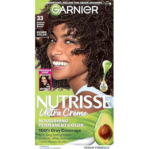 Garnier Nutrisse Ultra Crème Hair Color, Permanent Hair Dye with 100% Gray Coverage, Vegan & Cruelty-Free, 33 Darkest Golden Brown (Caramel Fudge), 1 Count