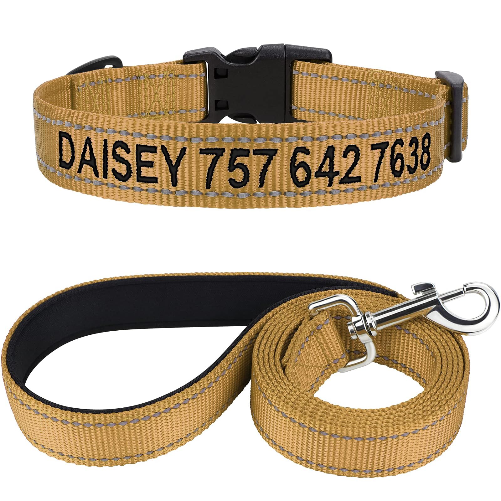 TagME Personalized Dog Collar and Leash Set, Embroidered Pet Collars and Double-Sided Reflective 5FT Dog Leash for Medium, Khaki