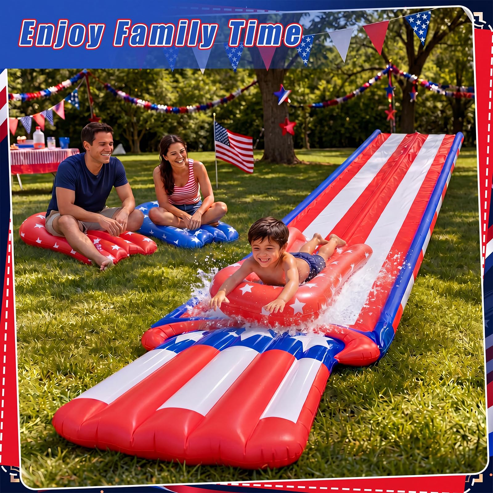 Scivolo acquatico patriottico del cortile del 4 luglio da 6,7 m con irrigatore e 2 bodyboard 2 corsie slip rosso bianco e blu bandiera americana scivolo per il Memorial Day 250th Outdoor