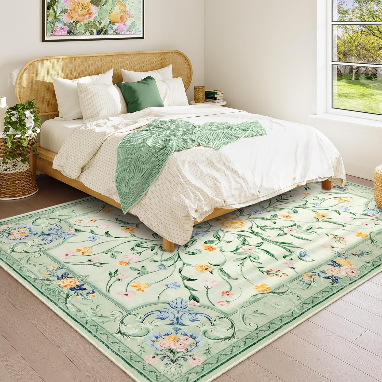 Morebes 5x7 Sage Green Area Rugs, Washable Floral Nursery Rug Non Slip, Soft Low Pile Indoor Floor Carpet for Living Room Dining Playroom Home (Sage Green 5'x7')