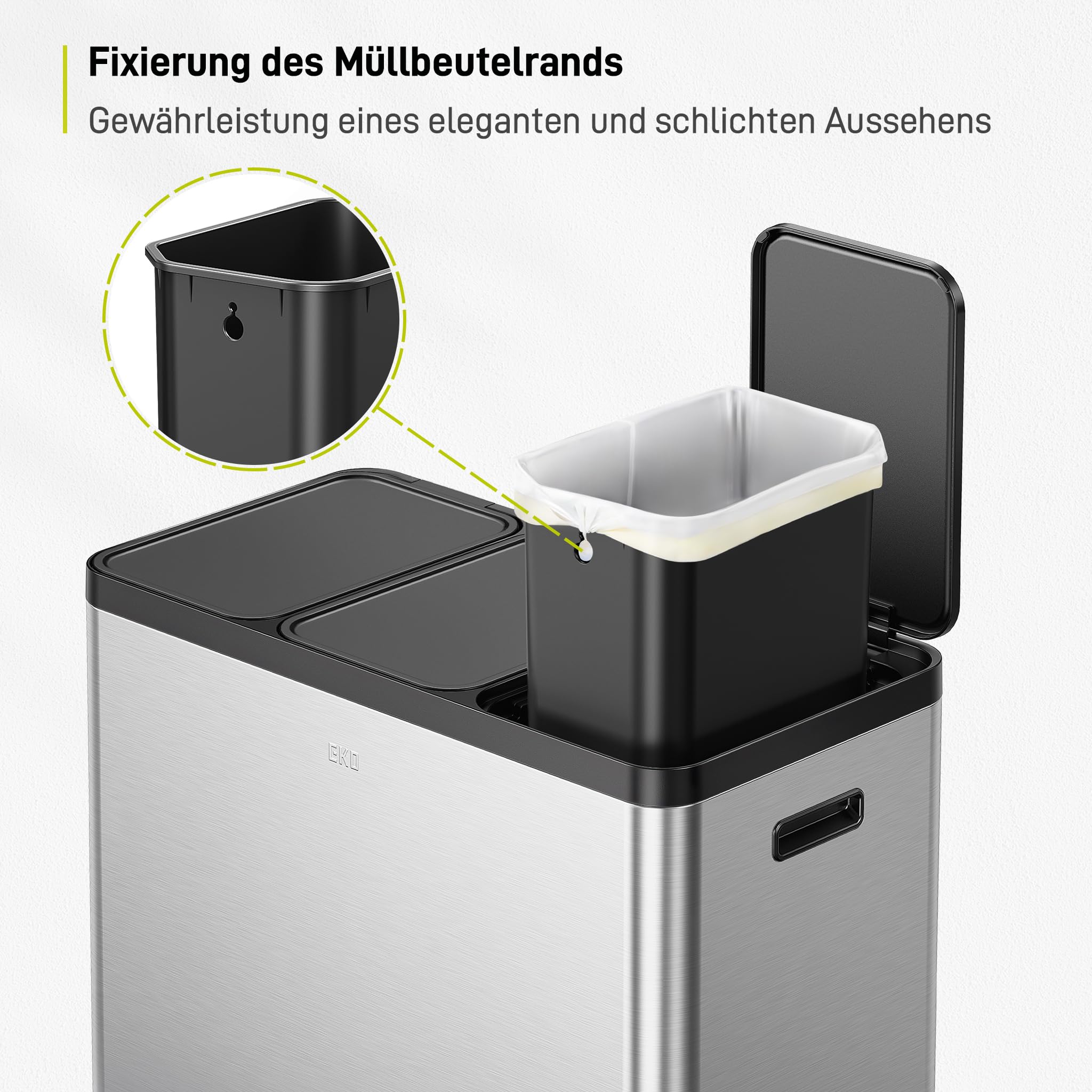 EKO Essential - Pattumiera a 3 scomparti, 3 x 20 litri, sistema di raccolta differenziata, con 20 sacchi della spazzatura, con coperchio, chiusura delicata e ermetica, in acciaio inox spazzolato