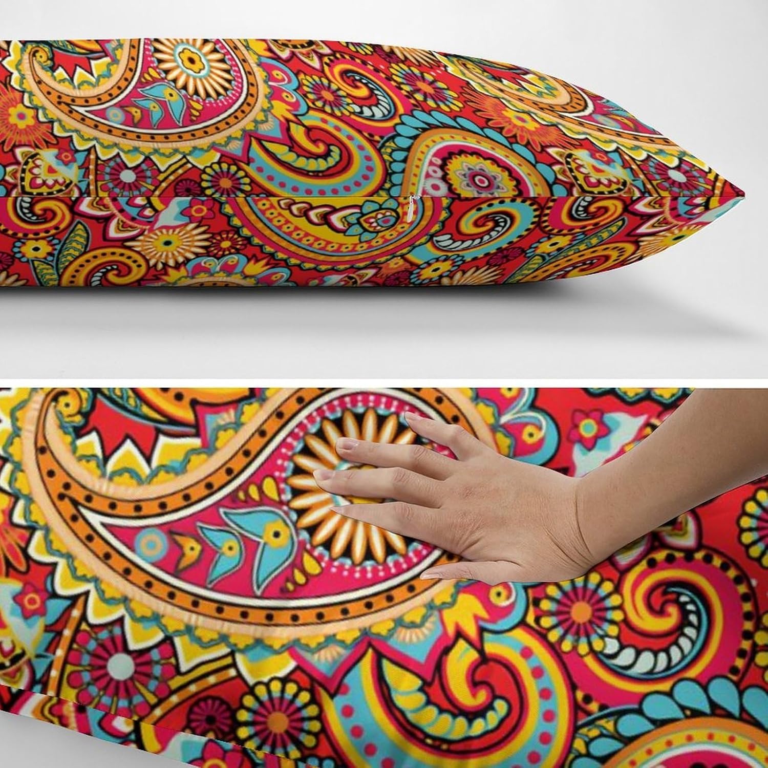 Bright Red Floral Paisley Bohemian Comfortable Polyester Pillow Cover with Long Vertical Stripes and Double-Sided Printing 20"x54"