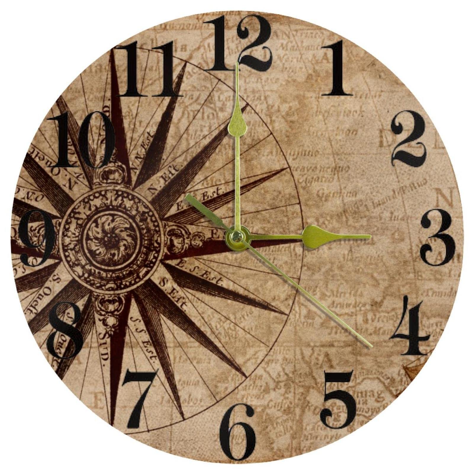 Horloge murale vintage avec boussole pour cuisine et bureau