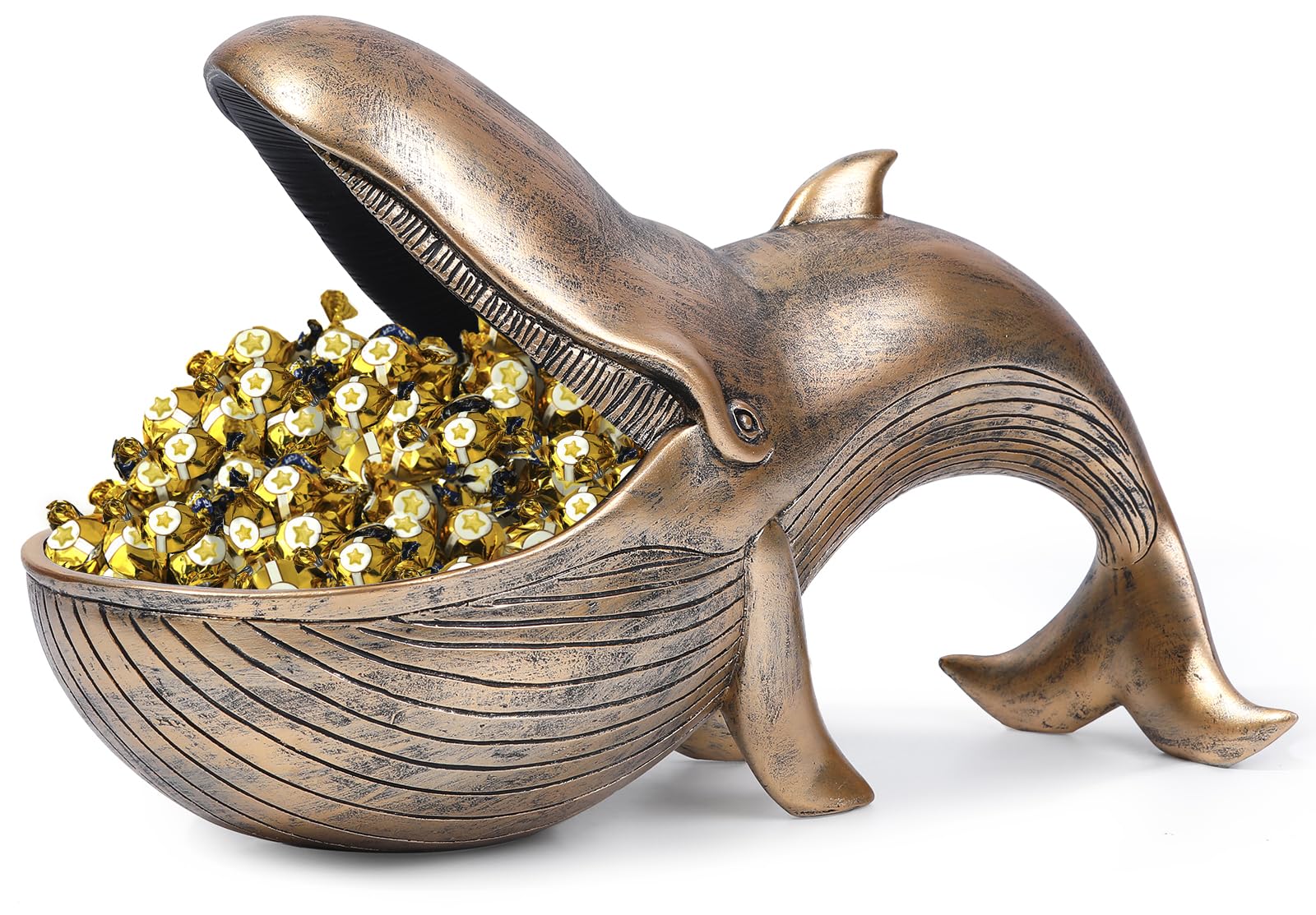 12'' Whale Statue, Resin Whale Figurine Fun Candy Dish Home Decor, Key Bowl for Entryway Table, Big Mouth Sculpture Table Art Gifts Decoration Sundries Container Storage Box ?Bronze?