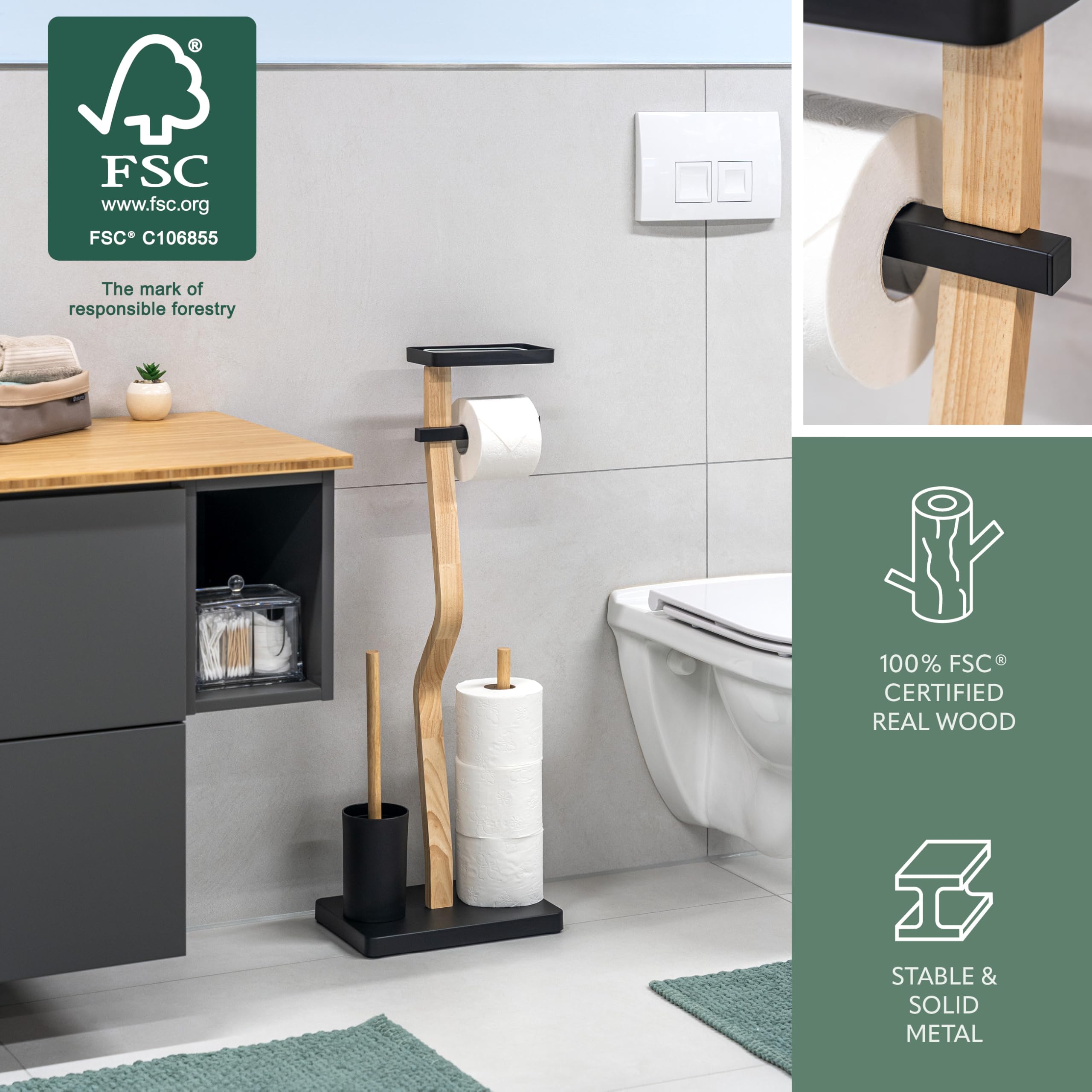 eluno Set WC 4 in 1, set WC autoportante con scopino per WC, 2 testine di ricambio, porta rotolo per 3 ruote e ripiano, in legno certificato FSC e metallo (nero)