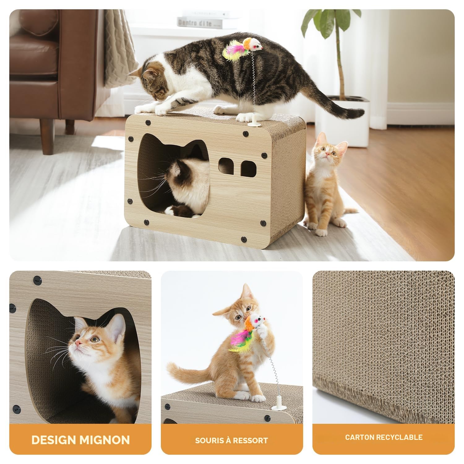 PETEPELA Griffoir pour Chat, Griffoir à Gratter en Carton Ondulé Multifonction 2 en 1, Robuste & Réversible avec Jouet Souris à Ressort, Idéale pour l'Amusement des Chats d'Intérieur (40cm)