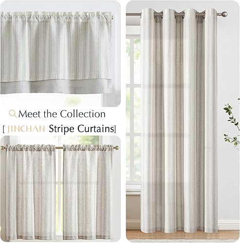 Miniatura 8 de Jinchan - Cenefa de Lino a Rayas, Cenefa Oscura de Doble Capa para Ventanas de 18 Pulgadas, Gris con Estampado a Rayas, Tratamiento Rústico