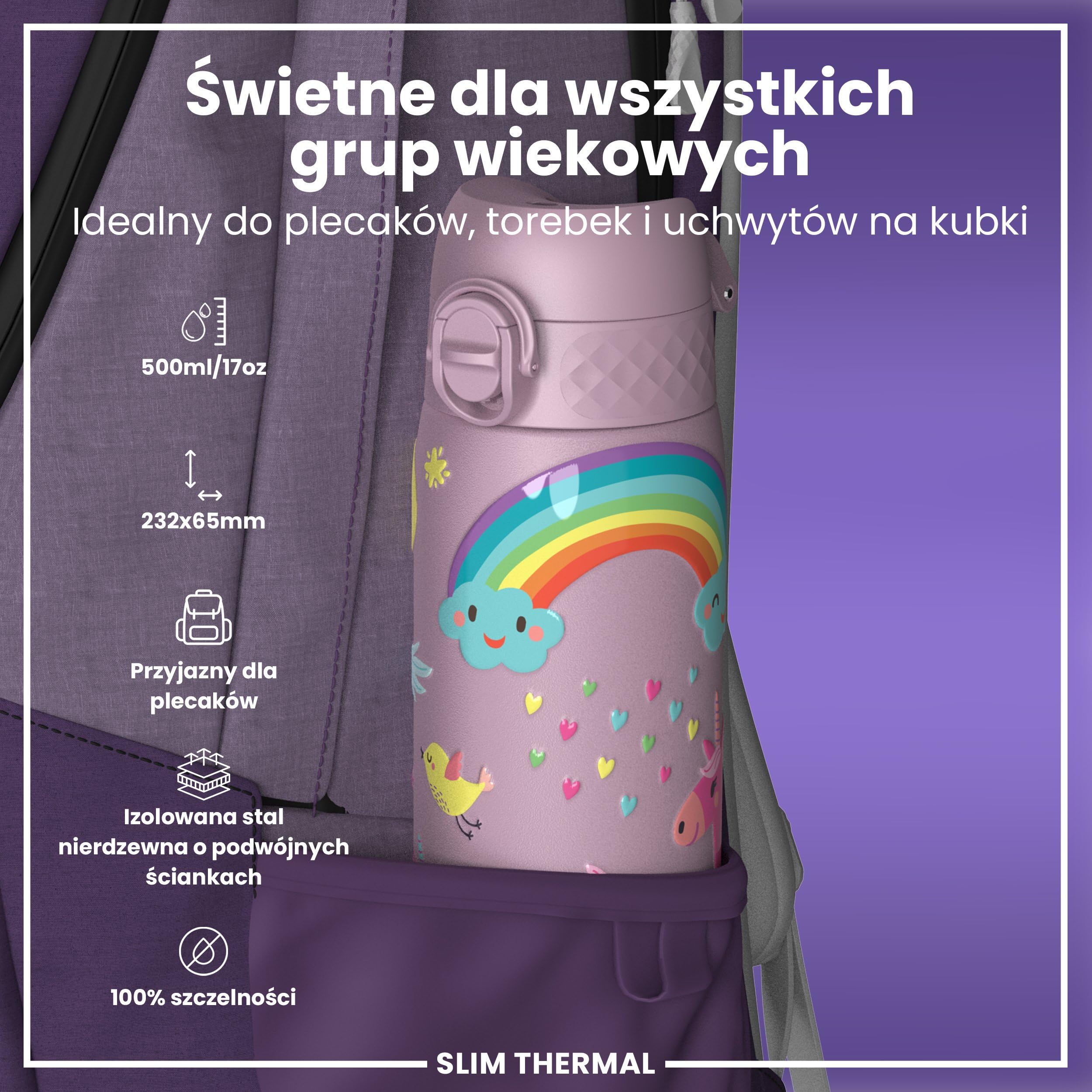 ION8 Termoizolowana Butelka na Wodę, Stali Nierdzewnej, 500 ml/18 oz, Szczelna, Łatwa w Otwieraniu, Bezpieczny Zamek, Można Myć w Zmywarce, Uchwyt do Przenoszenia, Metalowa Butelka, Liliowe Jednorożce