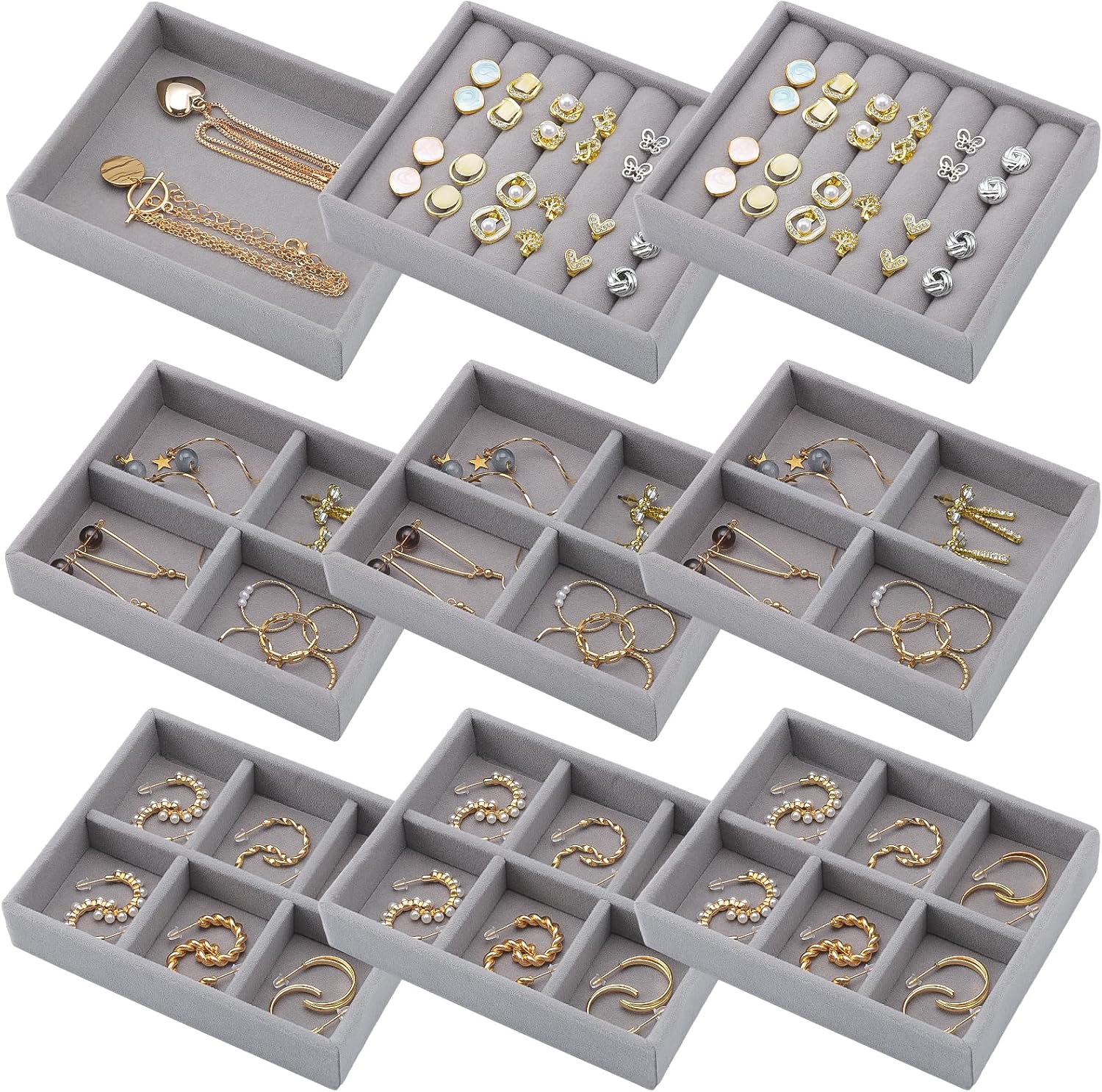 Ewen 9 Set of Mini Stackable Jewelry Trays in 4 Different Layouts, 4.72x3.74x0.98in Velvet Display Cases for Drawers, Small Containers for Storage and Organization of Bracelets Necklace Rings, Beige