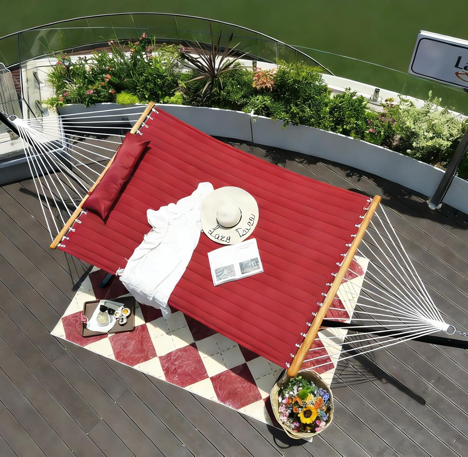 Lazy Daze Hammocks 2 Person Portable Hammock with 12FT Stand for Outside, Quilted Double Hammock with Spreader Bar and Detachable Pillow, 450lbs Capacity, Perfect for Outdoor Patio, Burgundy