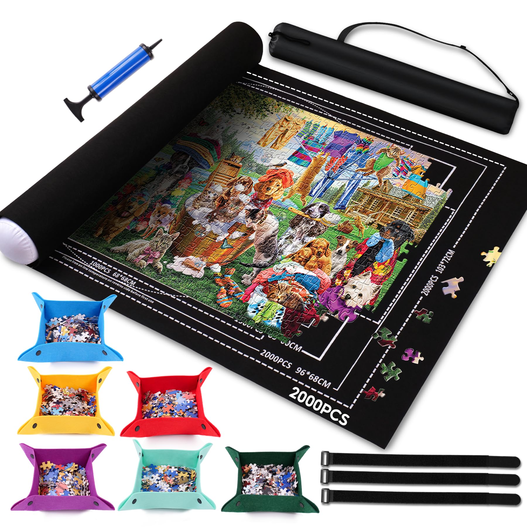 Jigsaw Puzzle Mat Roll Up to 1000 1500 2000 Piece Portable Table Puzzle Board Mat Saver Keeper with 6 Sorting Trays, Storage Bag, Inflatable Roller, Smooth Top & Non-Slip Felt Bottom for Kids Adults