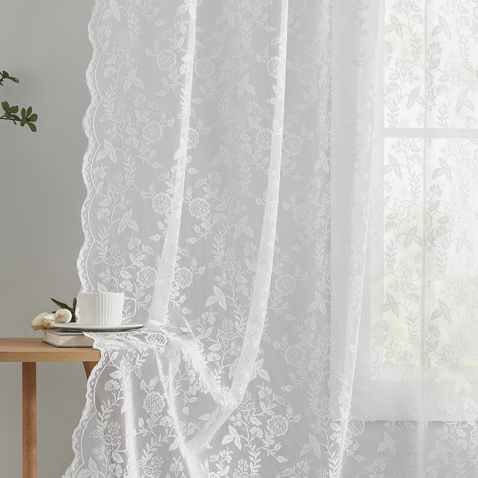 White Lace Curtains 80 Inches Long 2 Panels Set Country Rustic Leaf Floral Embroidered Sheer Vintage Lace Curtains for Living Room Bedroom, Rod Pocket Privacy Antique Lacy Curtain Drapes, 52 x 80 Inch