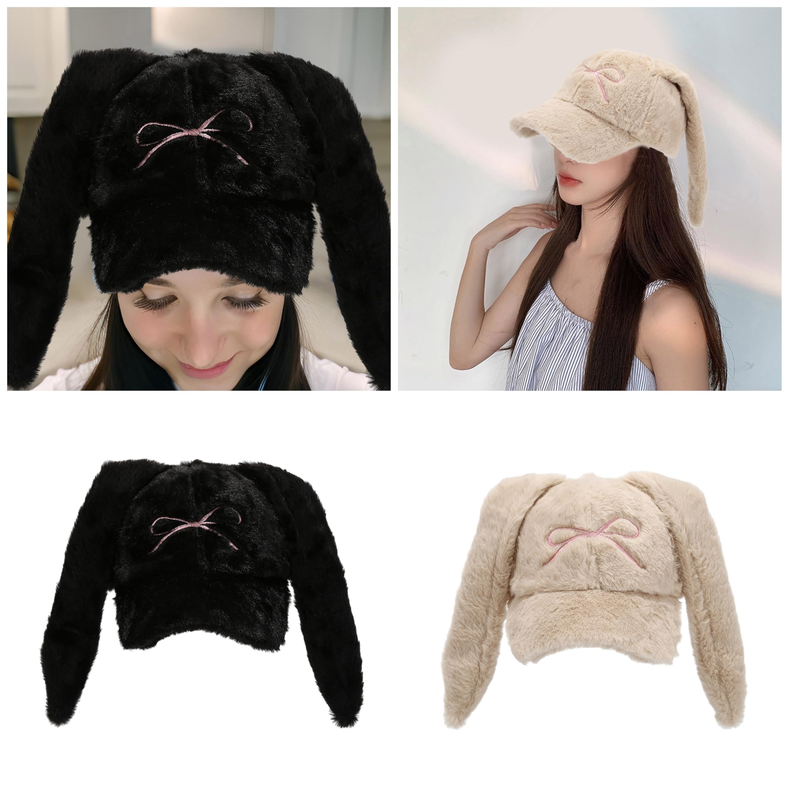 Thick Baseball Hat Embroidered Bowknot Sports Hat with Ear Hat 2000s Cosplay Hat Rabbits Baseball Caps 2000s Light Brown