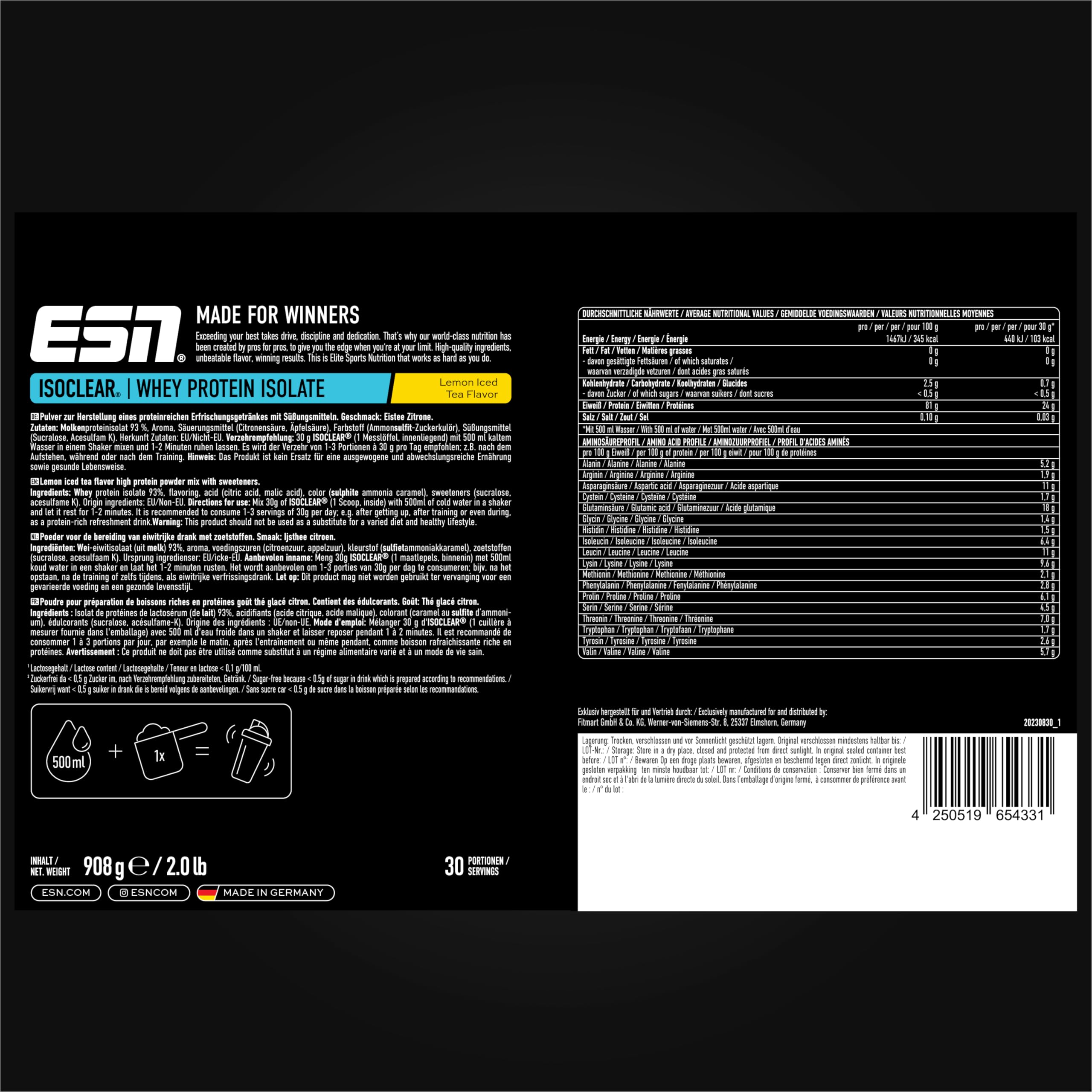ESN ISOCLEAR Whey Isolate Protein Powder, Té helado de limón, 908 g