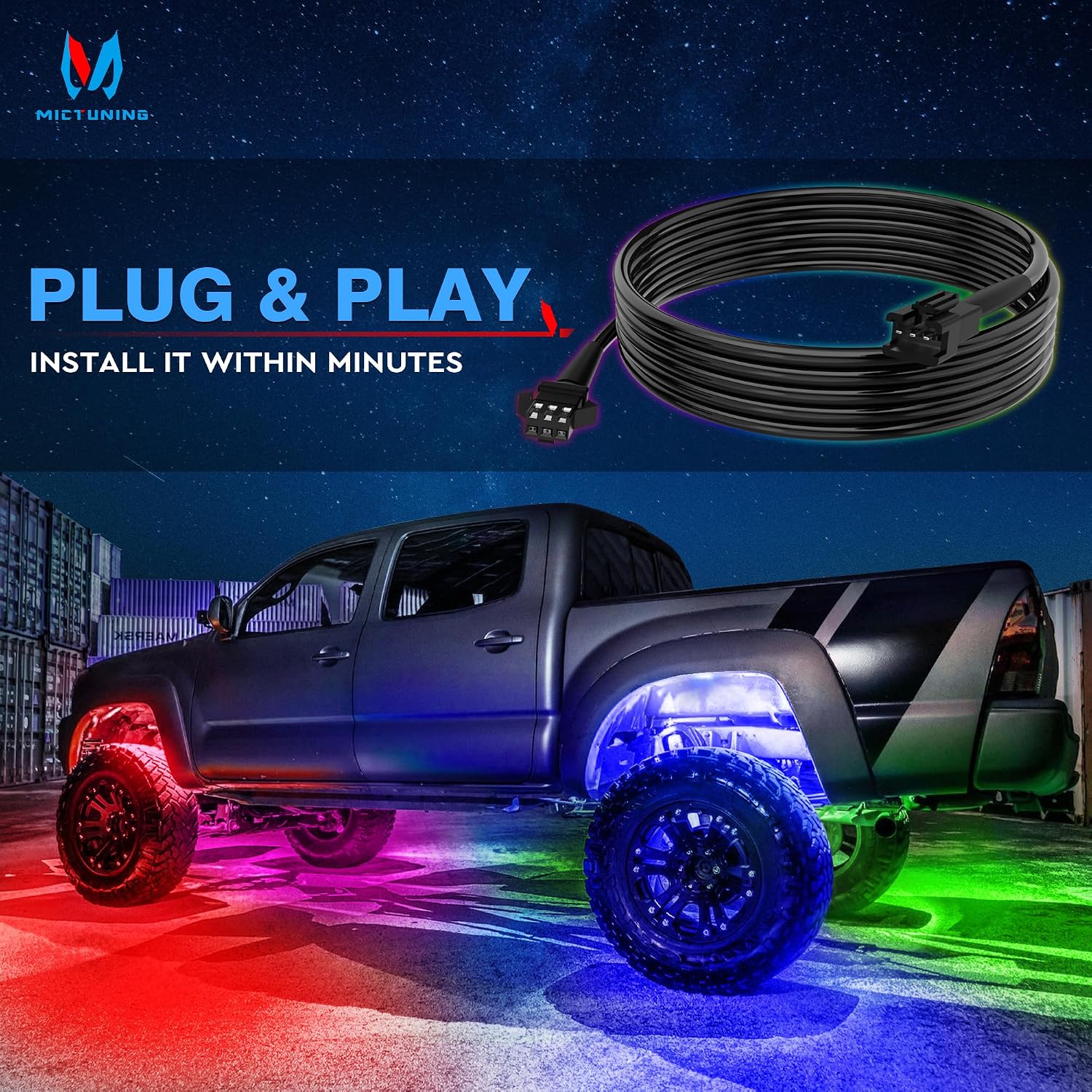 MICTUNING 2 Pack 10FT 3 Pin Rock Light Extension Wire Cable Cord - Only for Y1 RGB+IC LED Rock Lights Connection