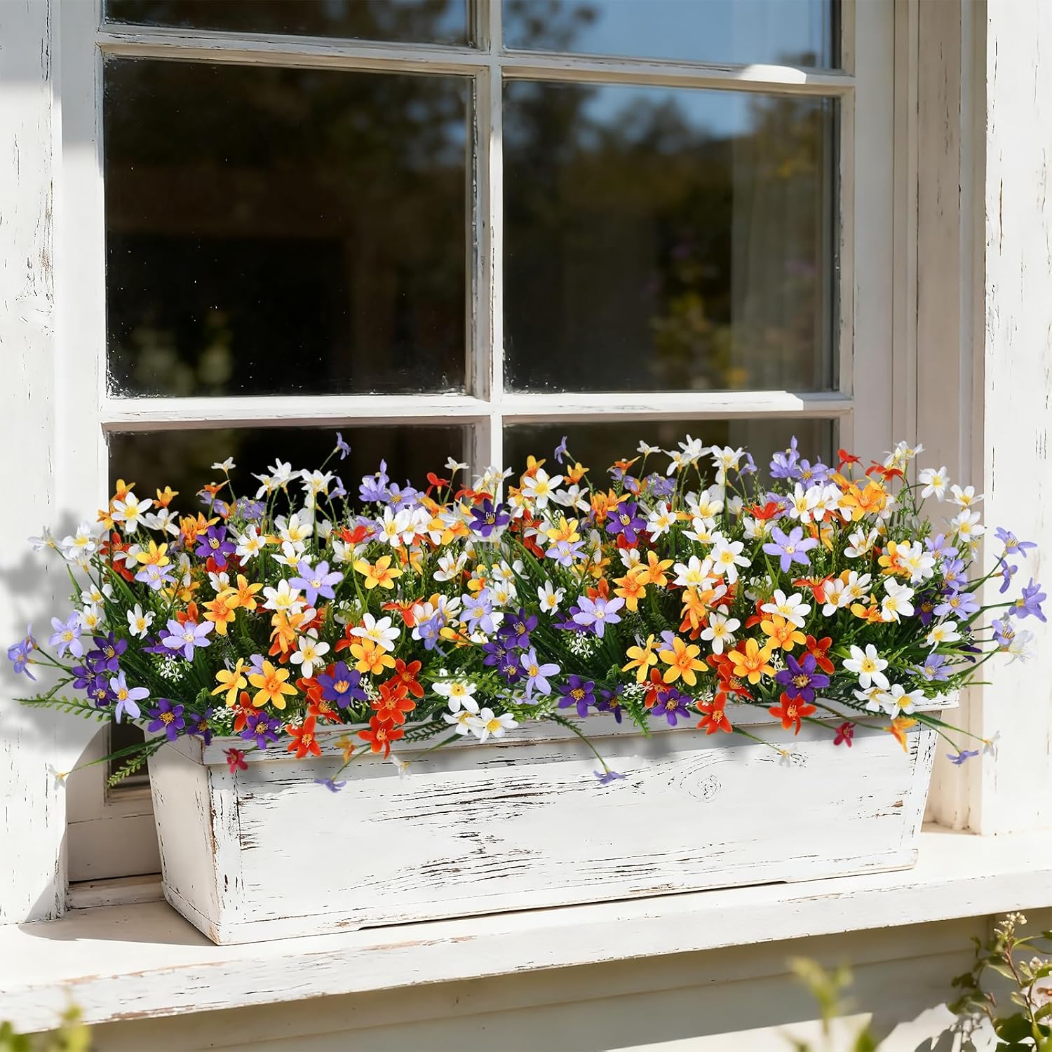 Ammyoo 12 Bundles Artificial Spring Flowers Outdoor Decorations Fake Plants, Realistic Silk Floral Garden Porch Faux Flowers for Outside Planters Decoration(Orange Purple White)