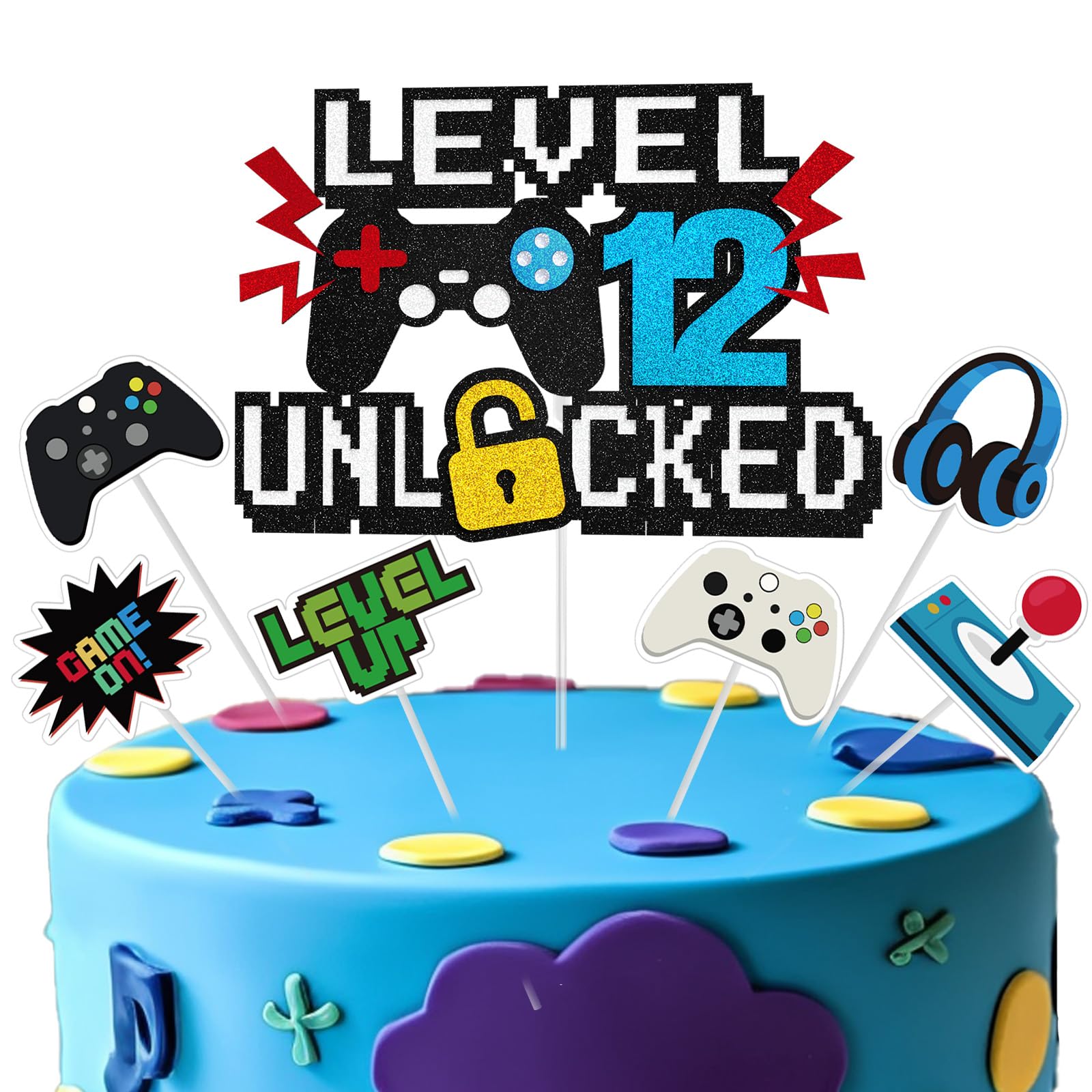 Video Game Cake Topper, Level 12 Unlocked Cake Topper, Happy 12th Birthday Game Party Decorations for Boys Girls, Video Game Controller Themed