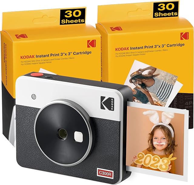 Kodak C300R Mini Shot 3, Portable Instant Camera and Photo Printer, Wireless Bluetooth Compatibility with iOS and Android devices, 68 Photos Included, White