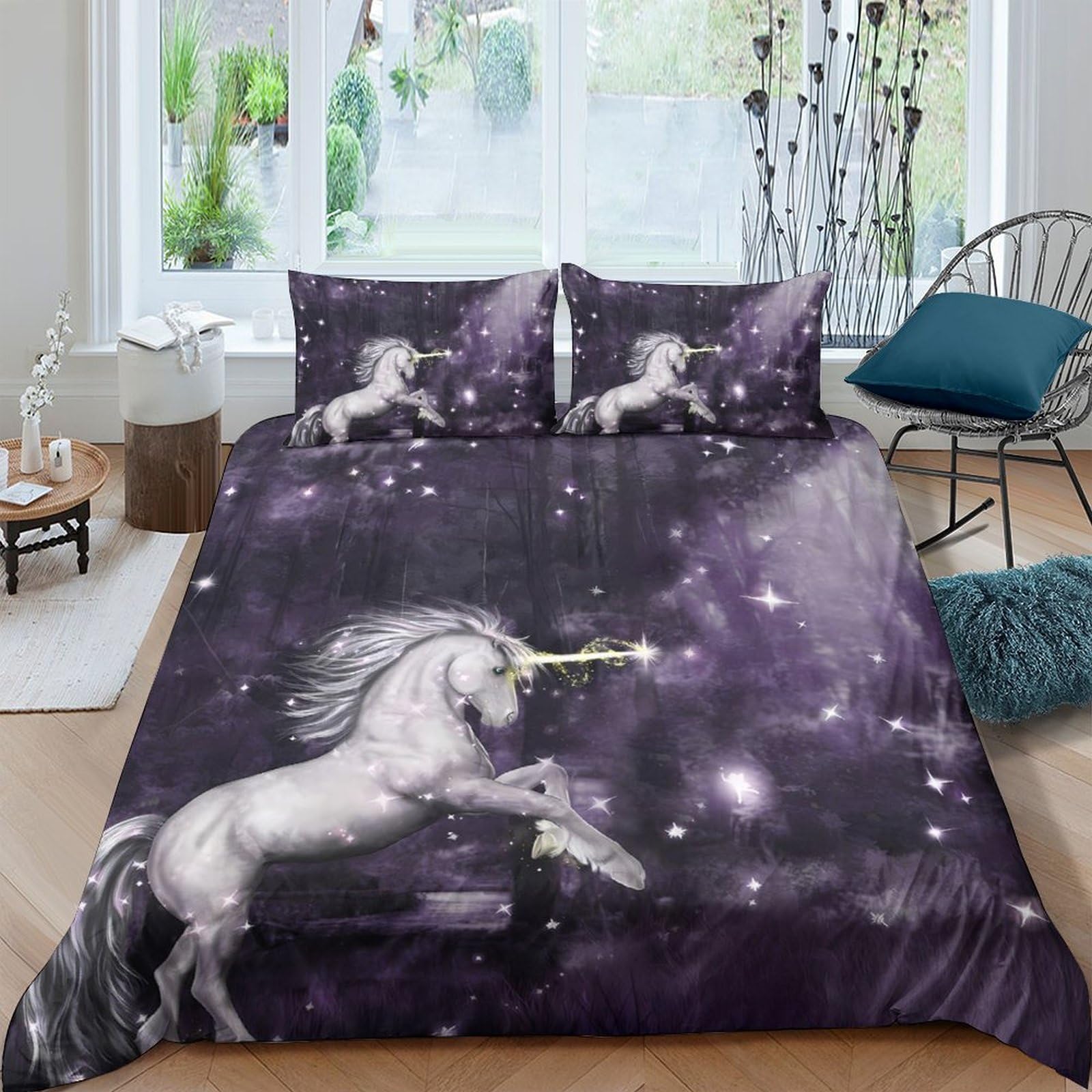 TUFRTGYHN 3D Printed Galaxy Unicorn Duvet Cover Microfiber Soft Skin-Friendly Starry Sky Bedding Set with 2 Pillowcases for Bedroom Decor Single（135x200cm）