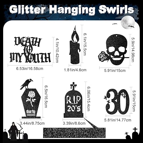 Miniatura 2 de Fuutreo 36 decoraciones de Death to My 20 para cumpleaños de 30 años, diseño de remolinos colgantes de treinta cumpleaños, decoración gótica,
