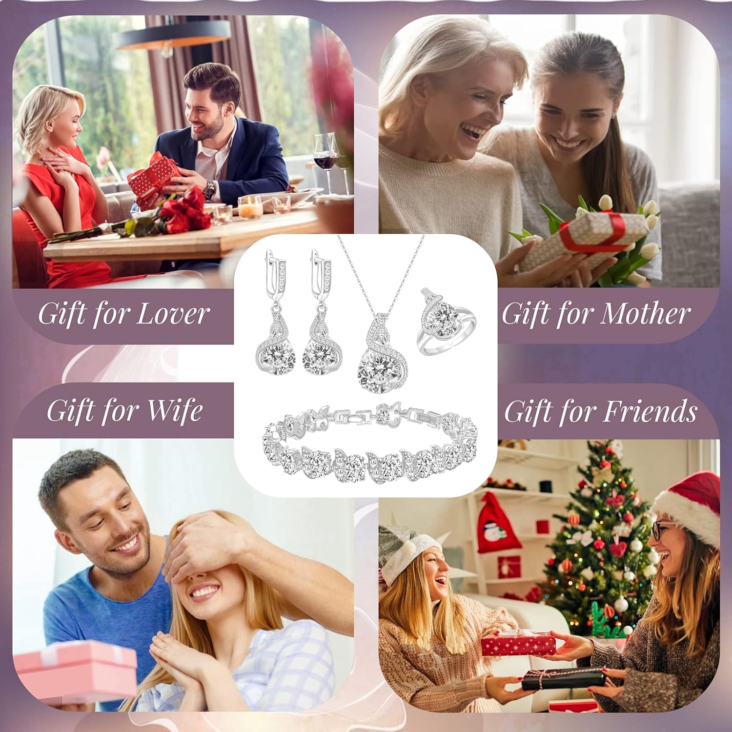 GZWHD Jewelry Set for Women Water Drop Cubic Zirconia Artificial Crystal Earrings Pendant Necklace Open Ring Tennis Bracelet Wedding Anniversary Birthday Engagement Gift for Bridesmaid Wife Girlfriend Friend - Image 4