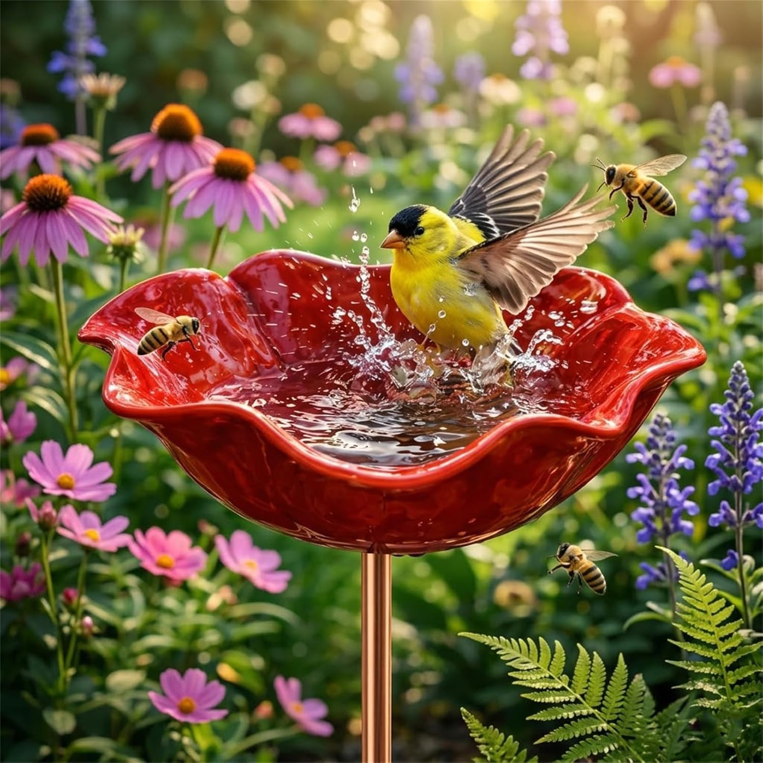 Metal Flower Garden Stakes Bird Bath, Handmade Metal Flower Garden Stake, Mini Bird Bath & Pollinator Water Station, Outdoor Yard Decor with Bee Water Feeder Butterfly Bowl (3pcs-1)