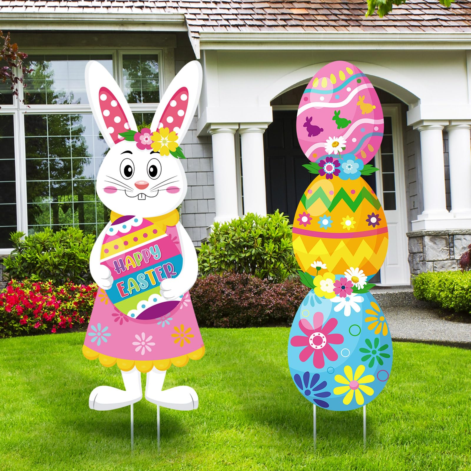 Photo 1 of 2 Pack Spring Easter Yard Signs with Stakes 39 Inch Easter Lawn Sign Outdoor Bunny Egg Lawn Decoration Waterproof Happy Easter Yard Stakes for Easter Hunt Game Garden Yard Home Decor Supplies Bunny and Easter Egg