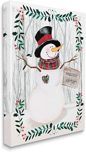 Miniatura 1 de Stupell Industries Felicitación de bienvenida de invierno con diseño floral de muñeco de nieve, bosque, acebo, diseñado por Jennifer Paxton Parker,