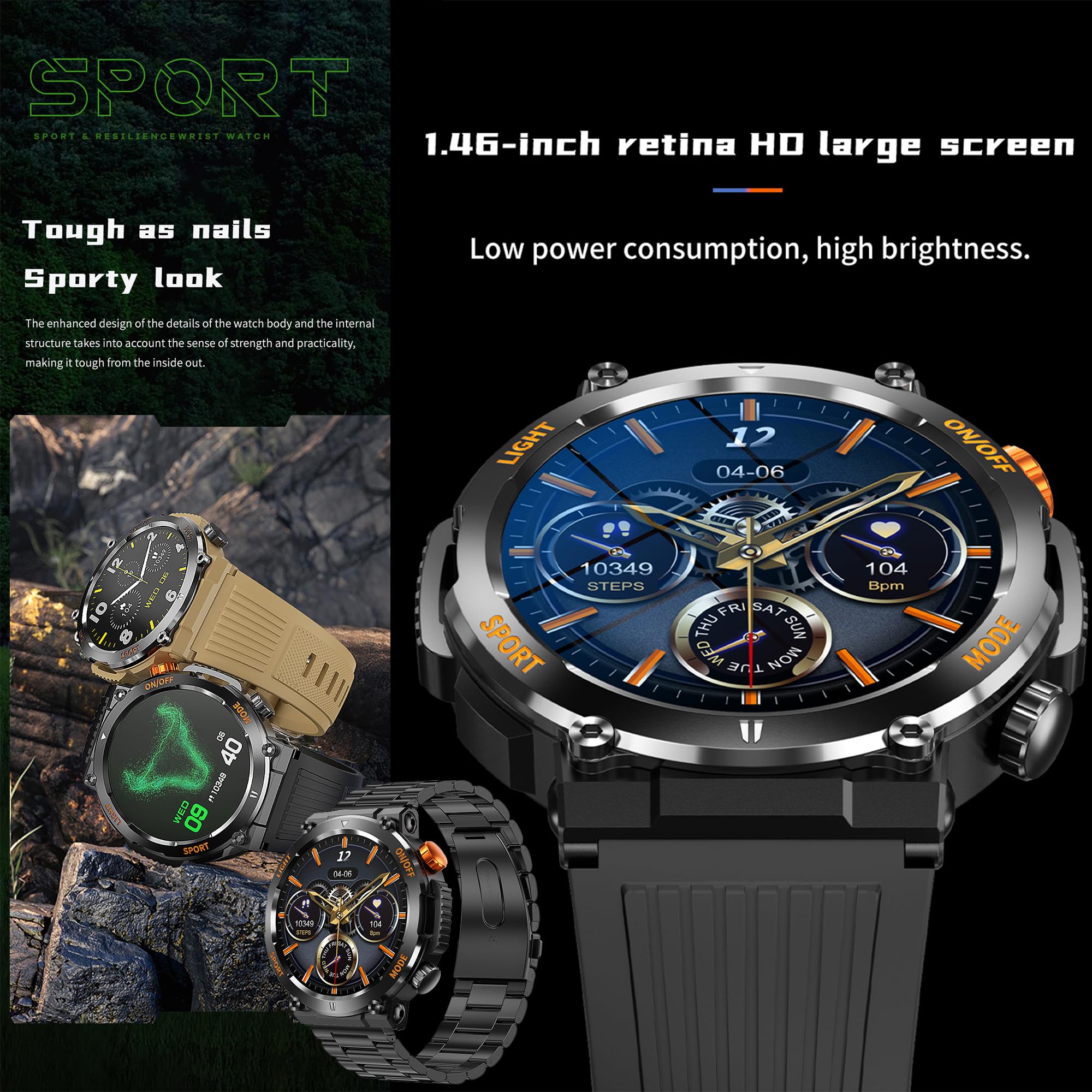 Smartwatch Uomo Chiamata Bluetooth e Risposta Vivavoce, Smart Watch con Torcia, Bussola, 123 Modalità Sport Cardiofrequenzimetro Sonno Notifiche Messaggi Orologio Fitness Tracker Android iOS (Nero)