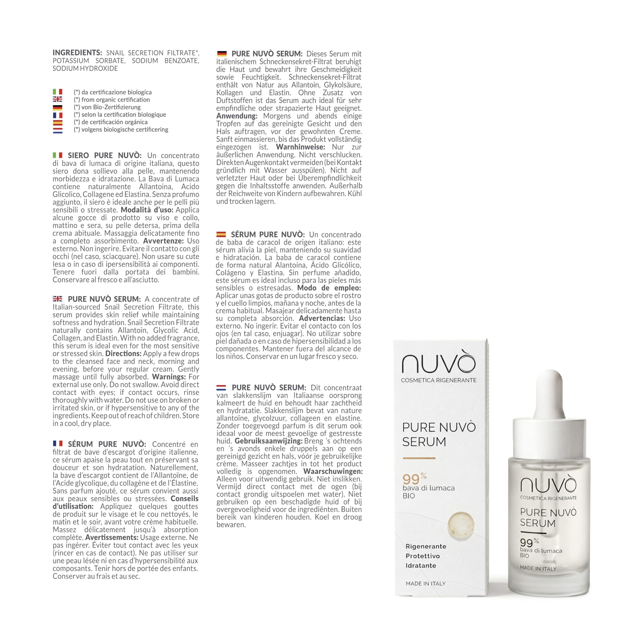 Nuvò – Sérum Visage à la Bave d'Escargot Pure 99%, 30 ml, Apporte Apaisement, Douceur et Hydratation à la Peau, Sérum Hydratant Concentré, Régénérant, pour Homme et Femme, Made in Italy