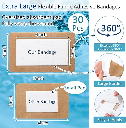 Miniatura 2 de Geiserailie 30 vendajes adhesivos flexibles extra grandes de 5 x 3 pulgadas, vendajes adhesivos de tela estéril con almohadilla antiadherente, sin
