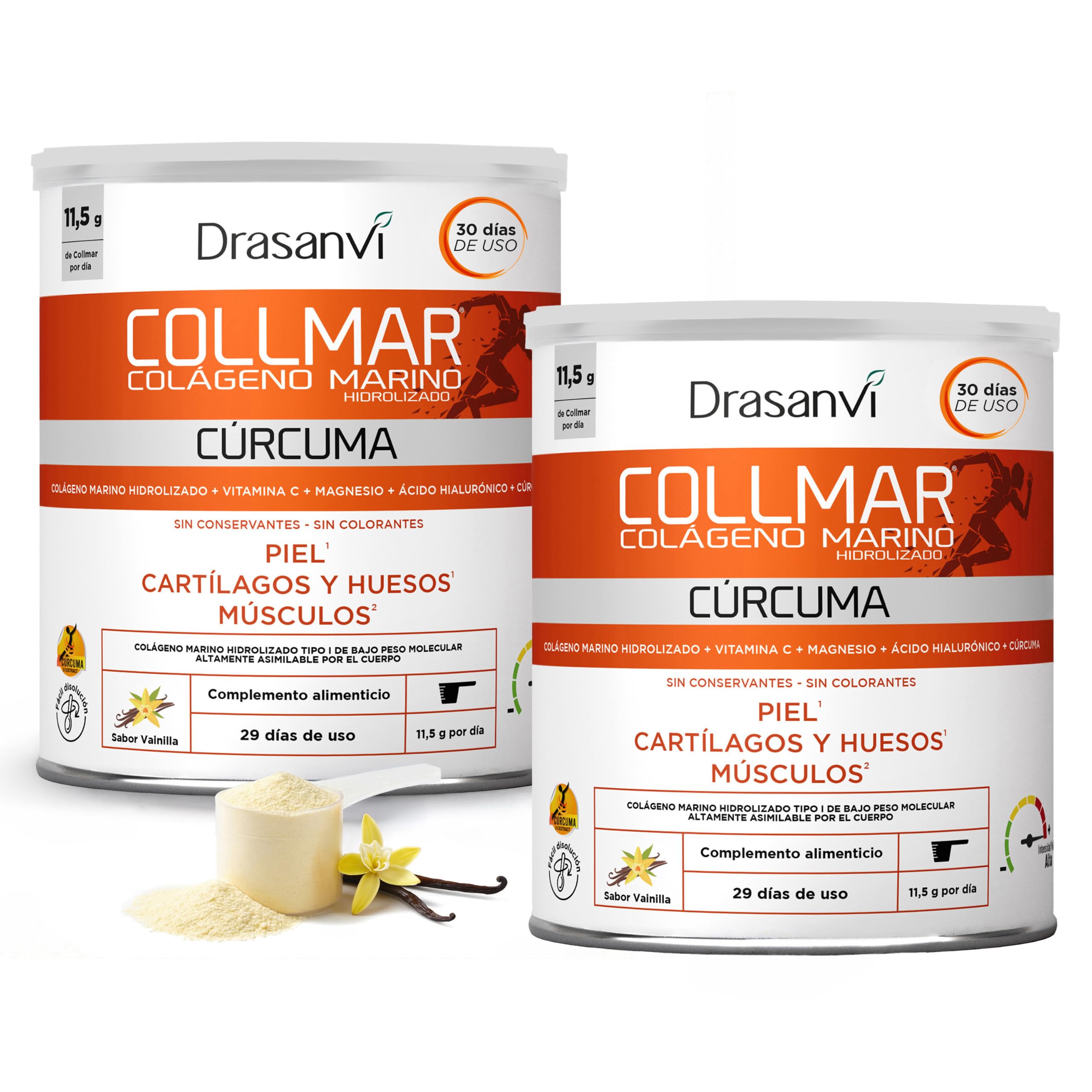 Colageno Drasanvi Collmar Hidrolizado Marino Con Acido Hialuronico Magnesio | Bienestar Articular Y Muscular, Con Curcuma Y Vitamina C - Colageno Marino Hidrolizado En Polvo Sabor Vainilla, Pack 2x340 G