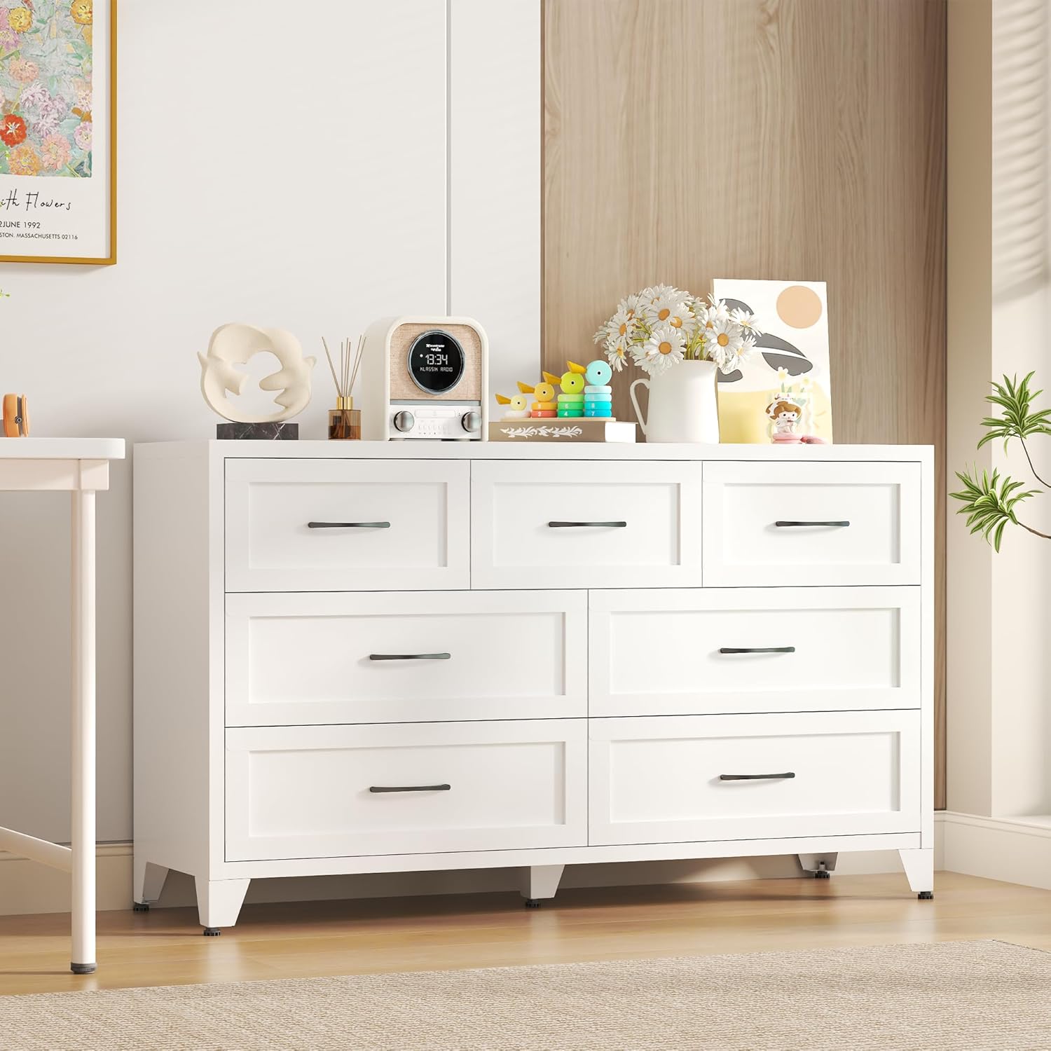Dresser for Bedroom, 7 Drawer White Metal Dresser with Adjustable Feet, Chest of Drawers with Deep Drawers, Modern Dresser for Closet, Living Room, Hallway