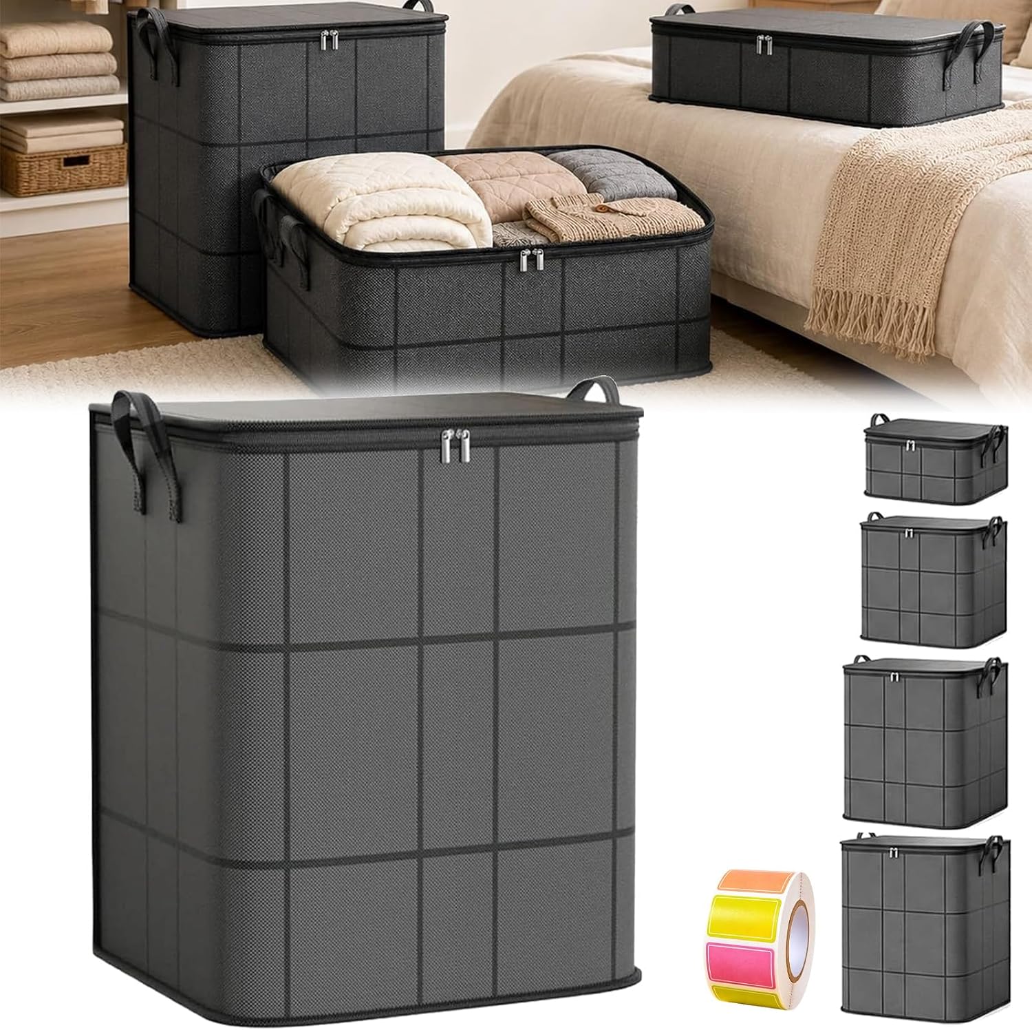 Spacious Moving Storage Bin, Foldable Extra Large Moving Bag with Durable Handles, Heavy-Duty Fabric Storage Bags, Zippered Organizer for Quilts, Bedding & Sweaters,1 Pc XL