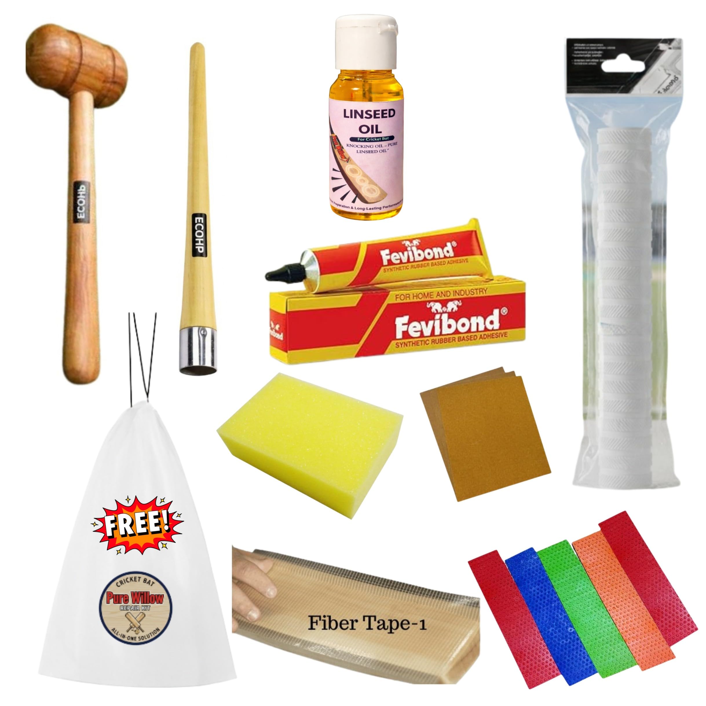 Complete Cricket Bat Repair & Maintenance Kit | Knocking Hammer, Griper, Linseed Oil, 1 Grips,5-Toe Guard, FaveBond, Fiber Tape, Sandpaper, Applicator, Bat Care Tools | (Pack of 9 Items)-image-27