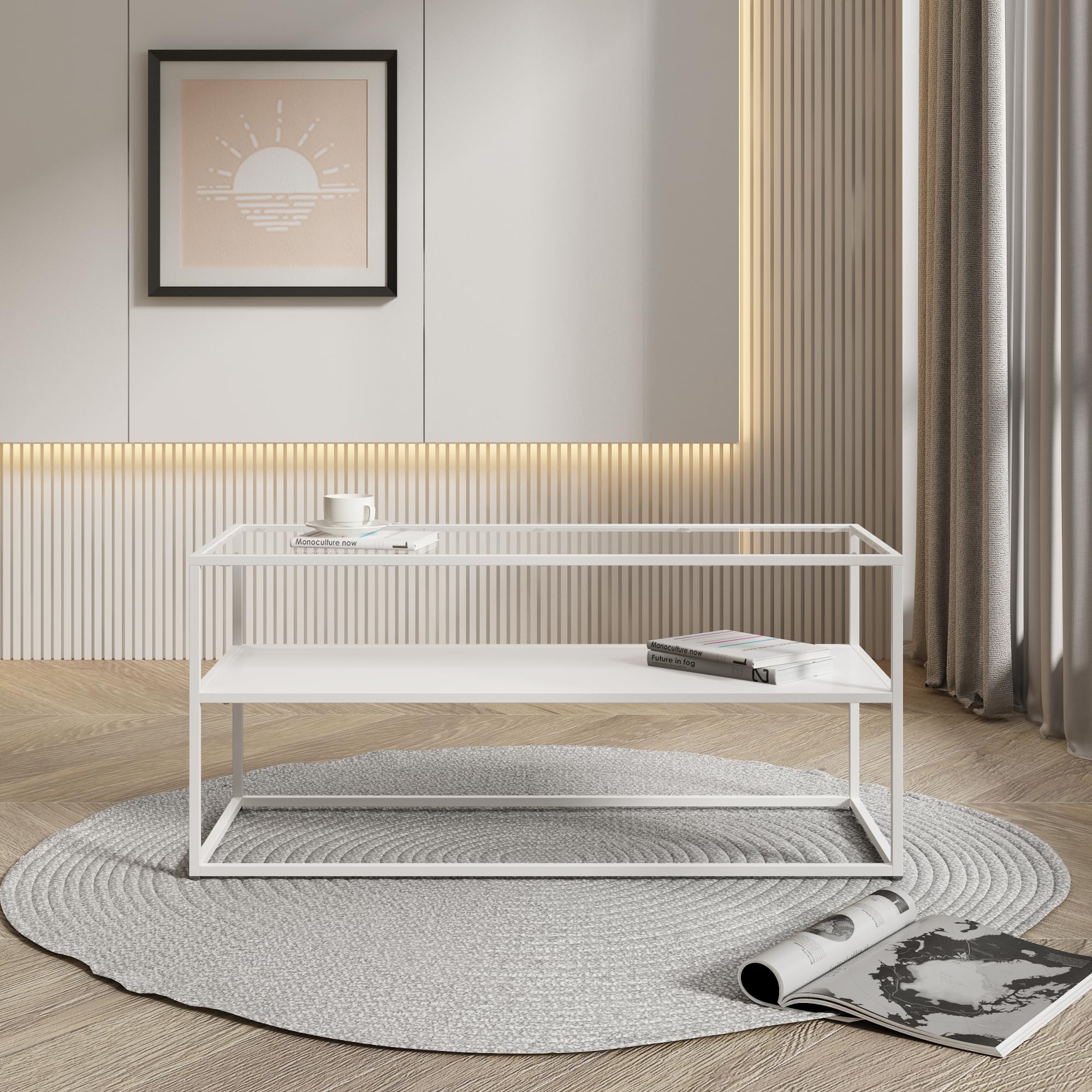 [en.casa] Mesa de Centro Solund Rectangular con 1 Estante Diseño Industrial Mesa Baja para Salón Sala de Espera Tablero de Cristal Templado Acero 102 x 43 x 46 cm - Blanco Mate