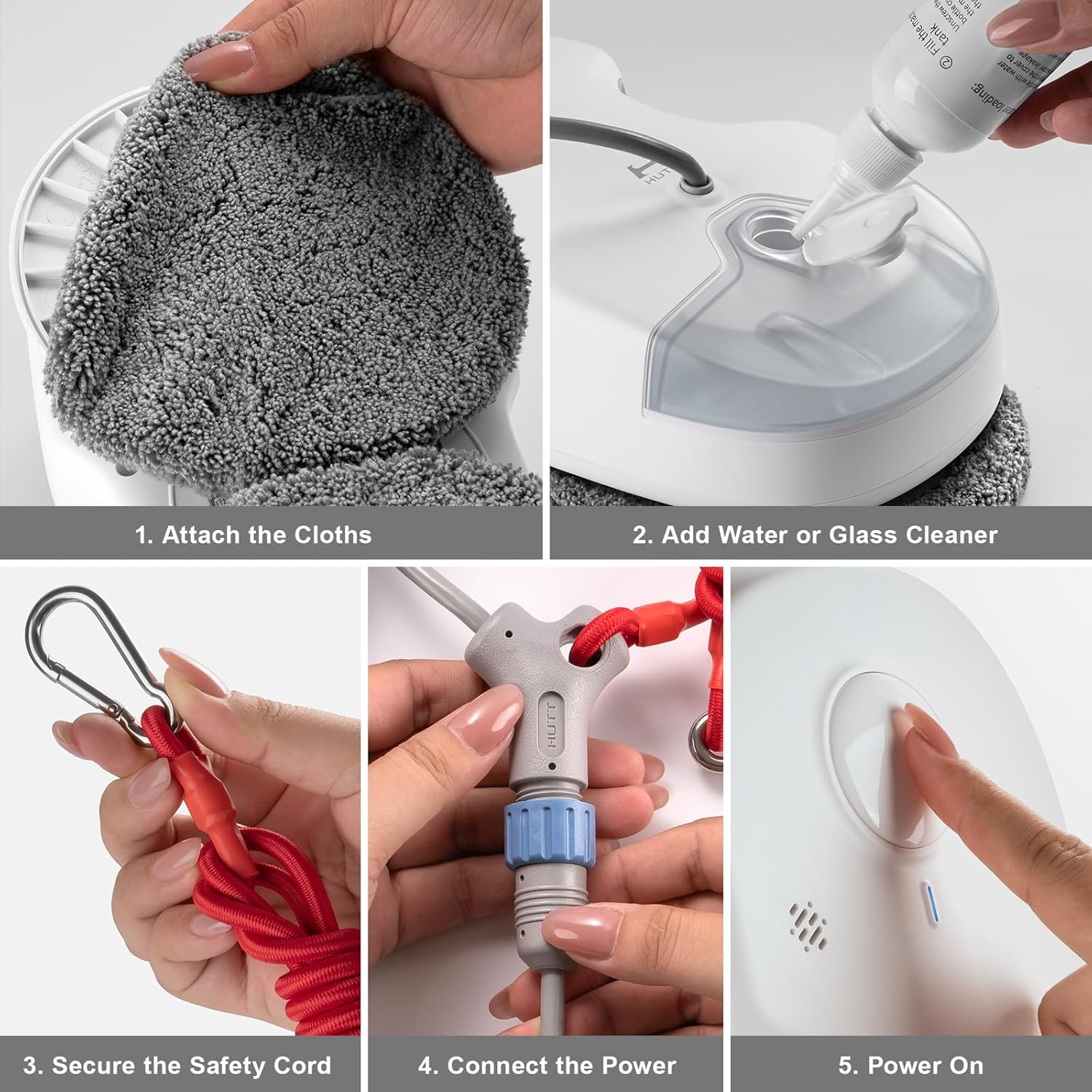 Five-step setup guide for HUTT C65: 1. Attach cloths, 2. Add water or glass cleaner, 3. Secure the safety cord, 4. Connect the power, 5. Power on