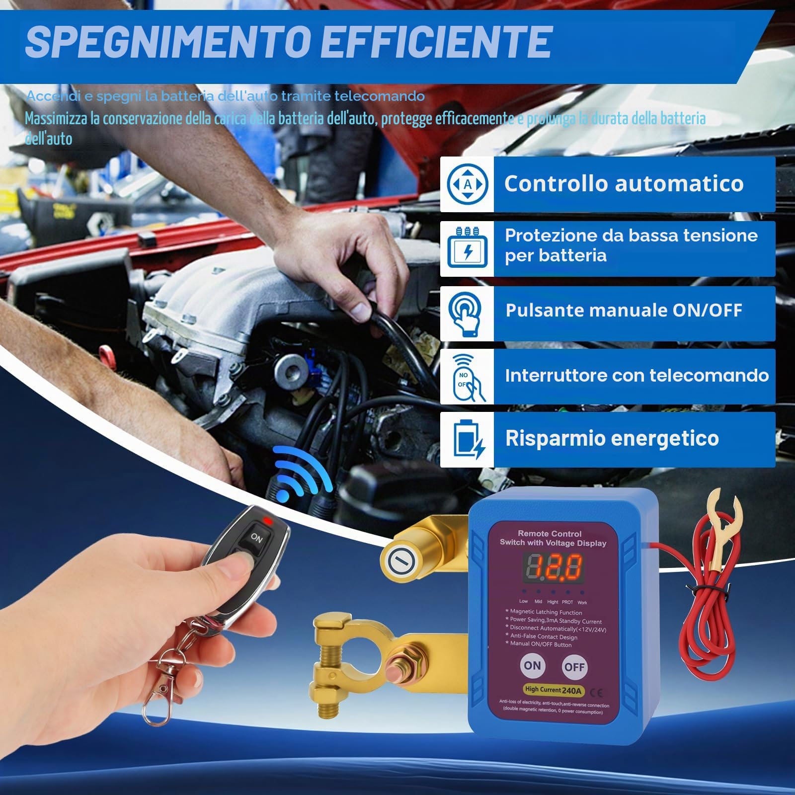 Interruttore di Separazione per Auto Senza Fili, 12 V 240 A Stacca Batteria con Display a LED di Tensione, 12v Auto Staccabatteria Automatico per Auto ATV Barca Camion RV