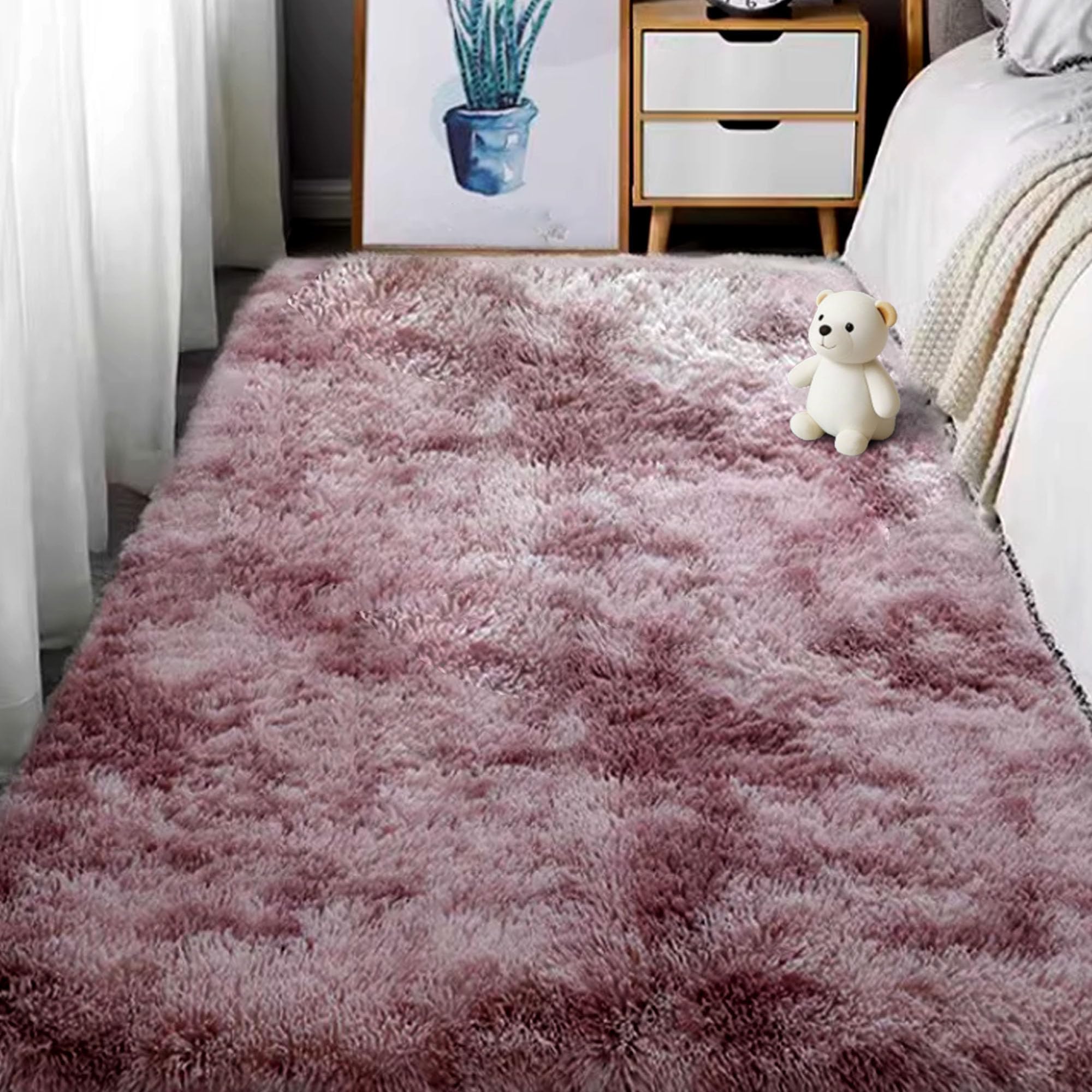 Tapis moderne à poils longs anti-poussière grand format rose pourpre