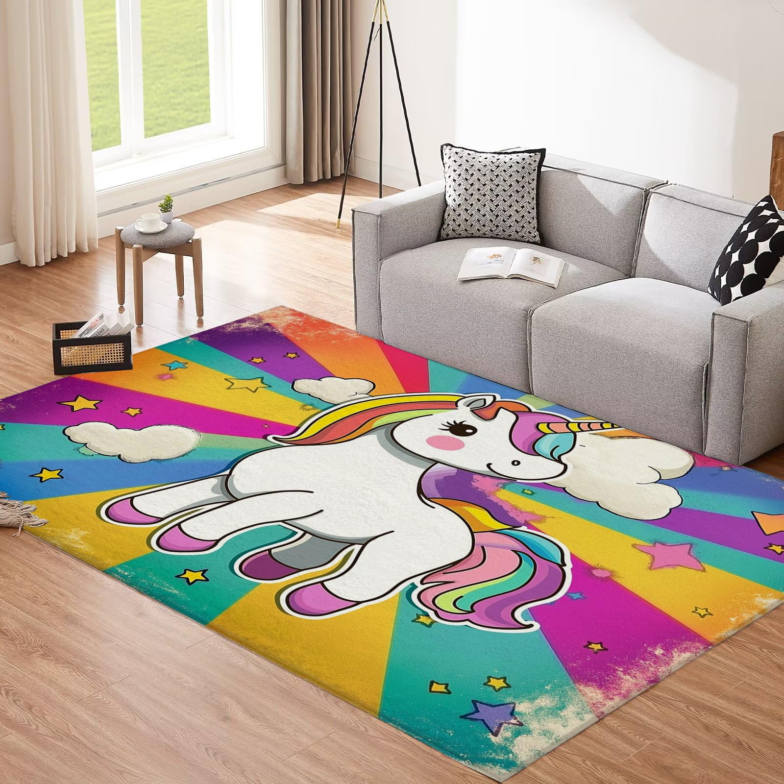 Moquette salon multicolore grand tapis de sol moderne licorne lavable chambre enfant
