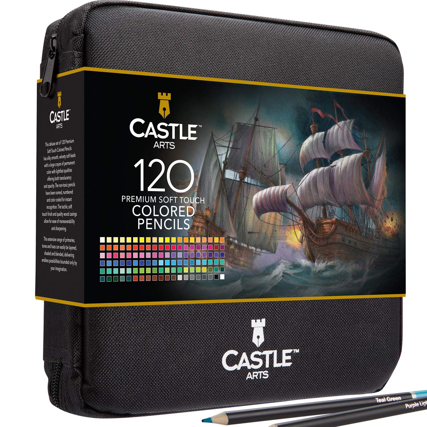 Castle Art Supplies Estuche con Cremallera 120 Lápices Colores | Minas Blandas de Colores para Artistas Experimentados, Profesionales e Ilustradores | Organizados en un Estuche Portátil con Cremallera
