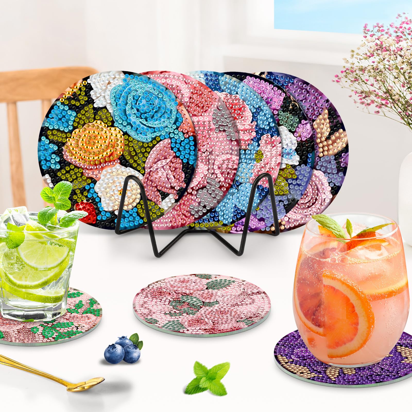 MAOYUTOU Set van 8 onderzetters voor Pasen, met houder, 5D Diamond Painting voor volwassenen, diamantschildersets, doe-het-zelf paasonderzetters om te knutselen, volwassenen